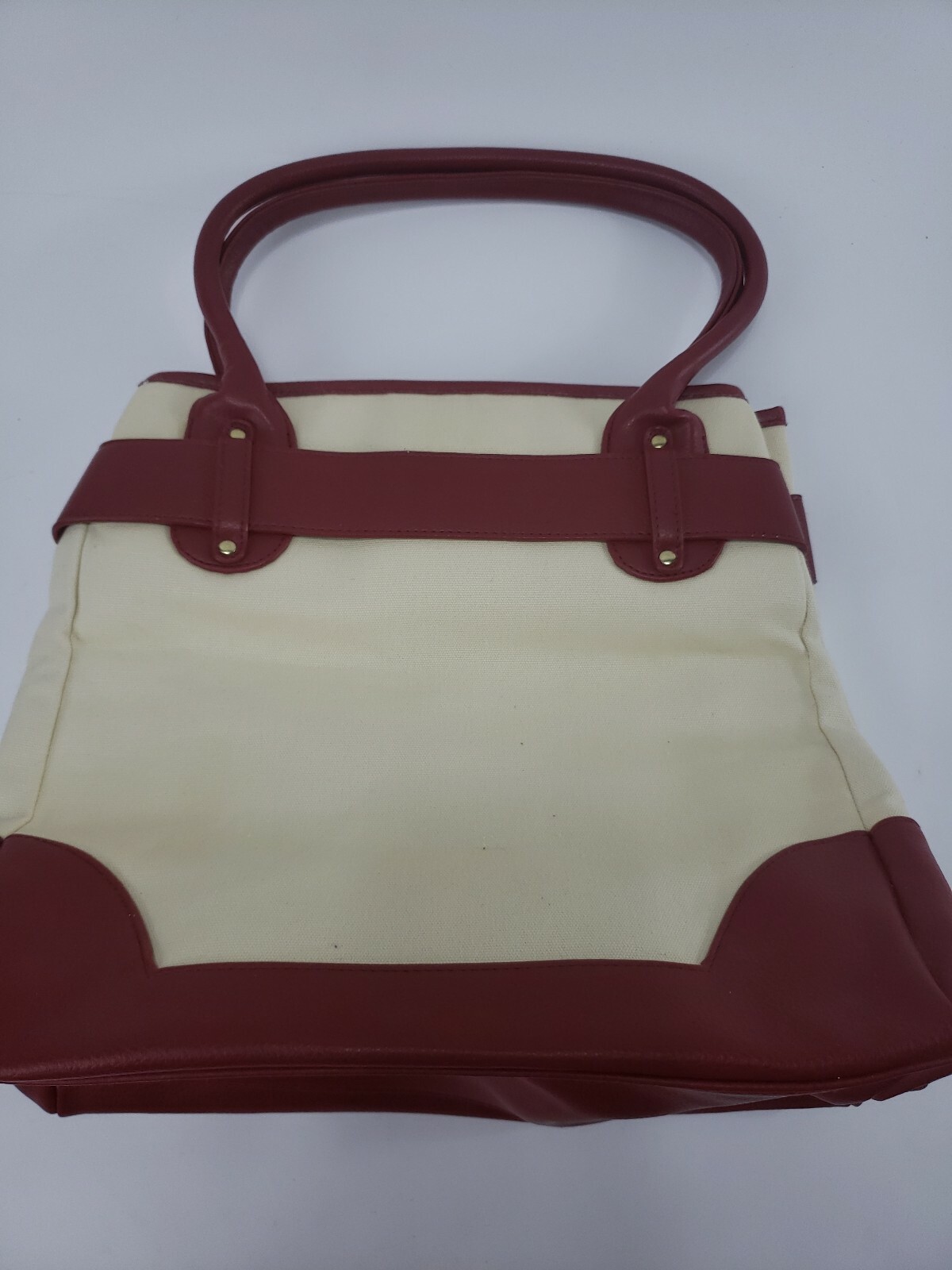 Red Beige Tote Bag With Gold Colored Buckle 12″ x 6″ x 12.5″ Strap Drop 6″