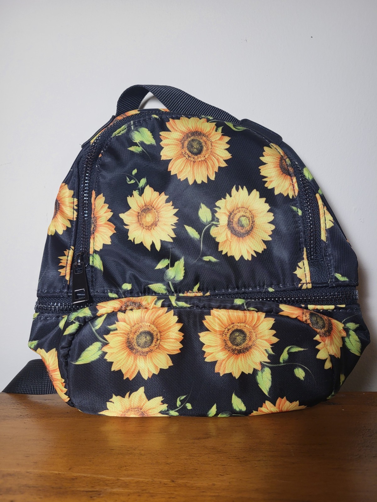No Boundaries Junior Dome Zip Mini Backpack Black Sunflower Print Dual Handle