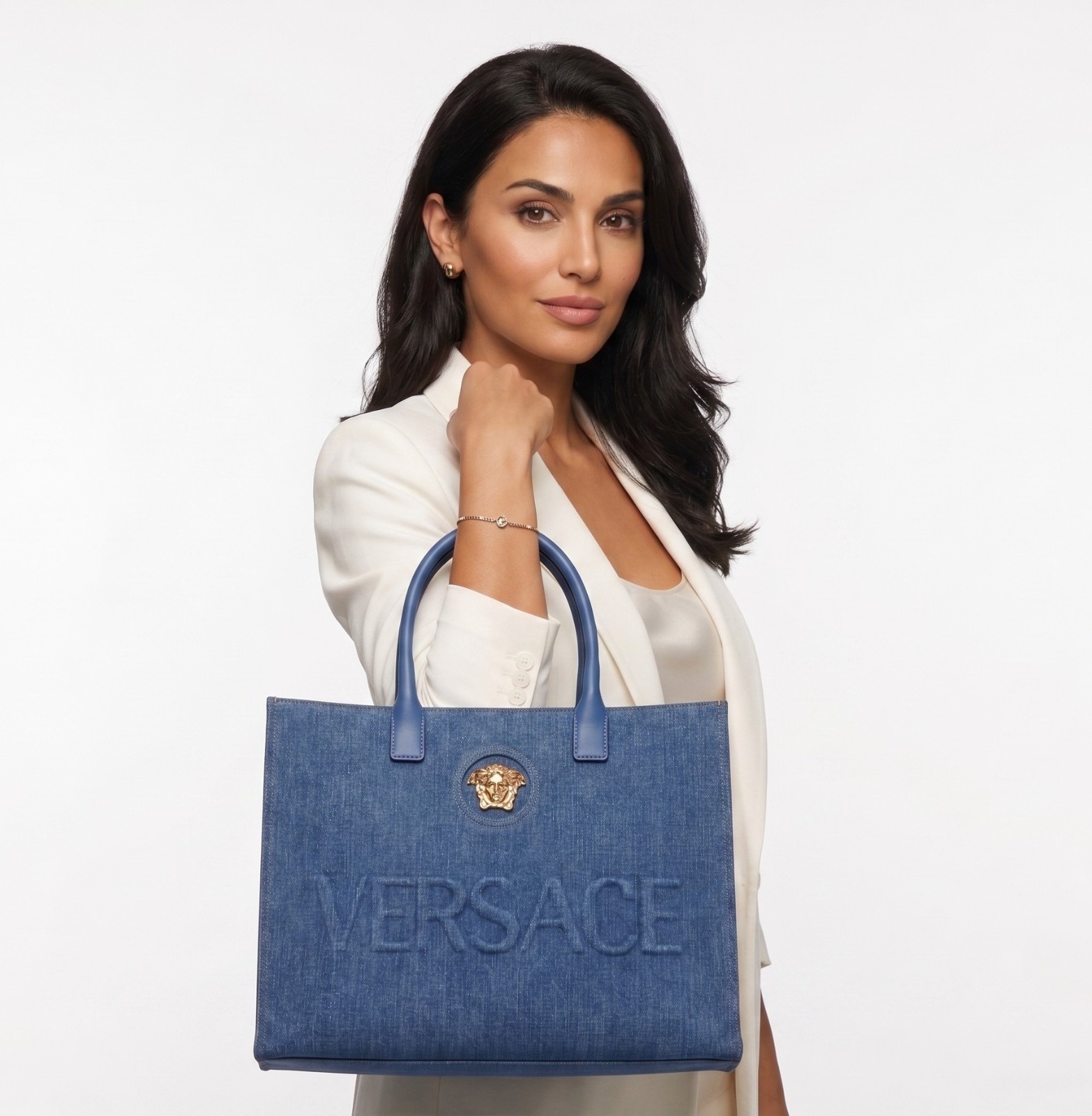 Versace La Medusa Denim Tote Bag Navy Blue Gold Embossed NWT RFID Authenticated