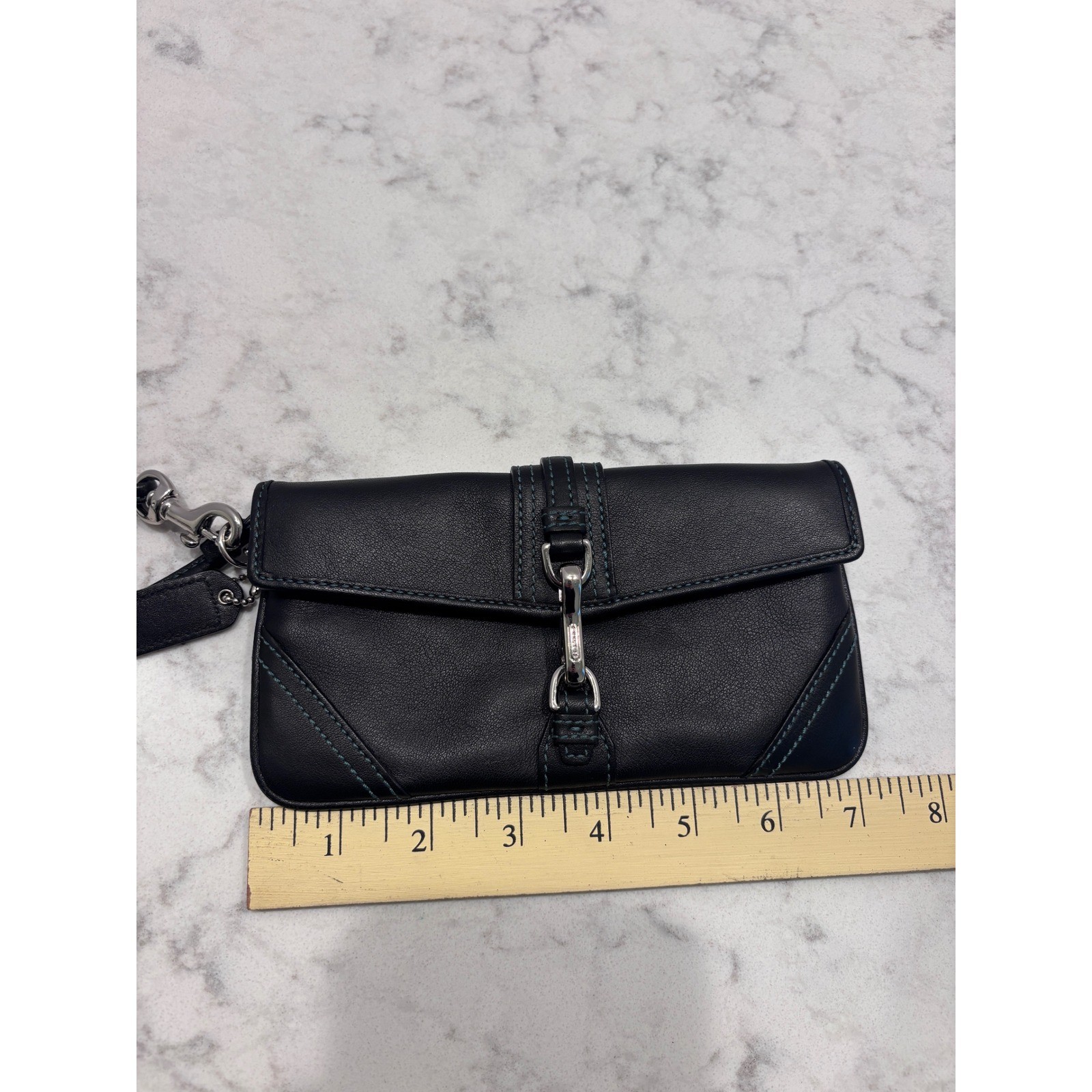 Coach Hamptons Black Leather Wristlet Teal Stitching Lobster Claw Clip Clutch