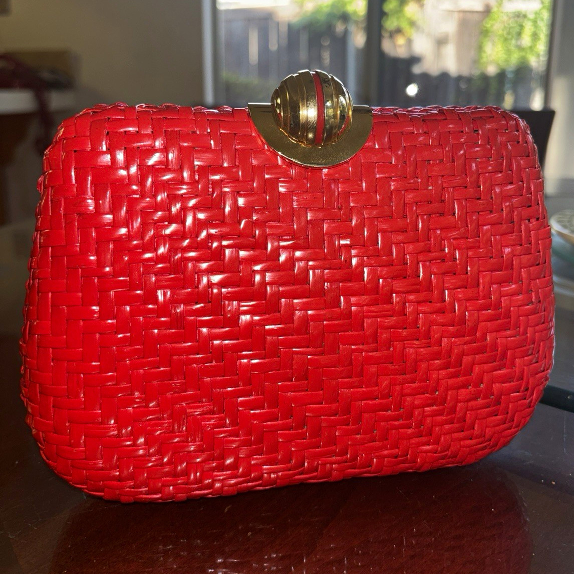 RODO Red Woven Clutch Purse Gold Tone Clasp & Chain Strap Lined Small