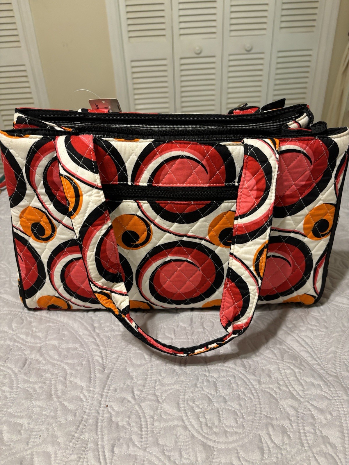 Bliss Quilted Geometric Tote Bag Red Orange Black White Bow Zipper Changing Pad