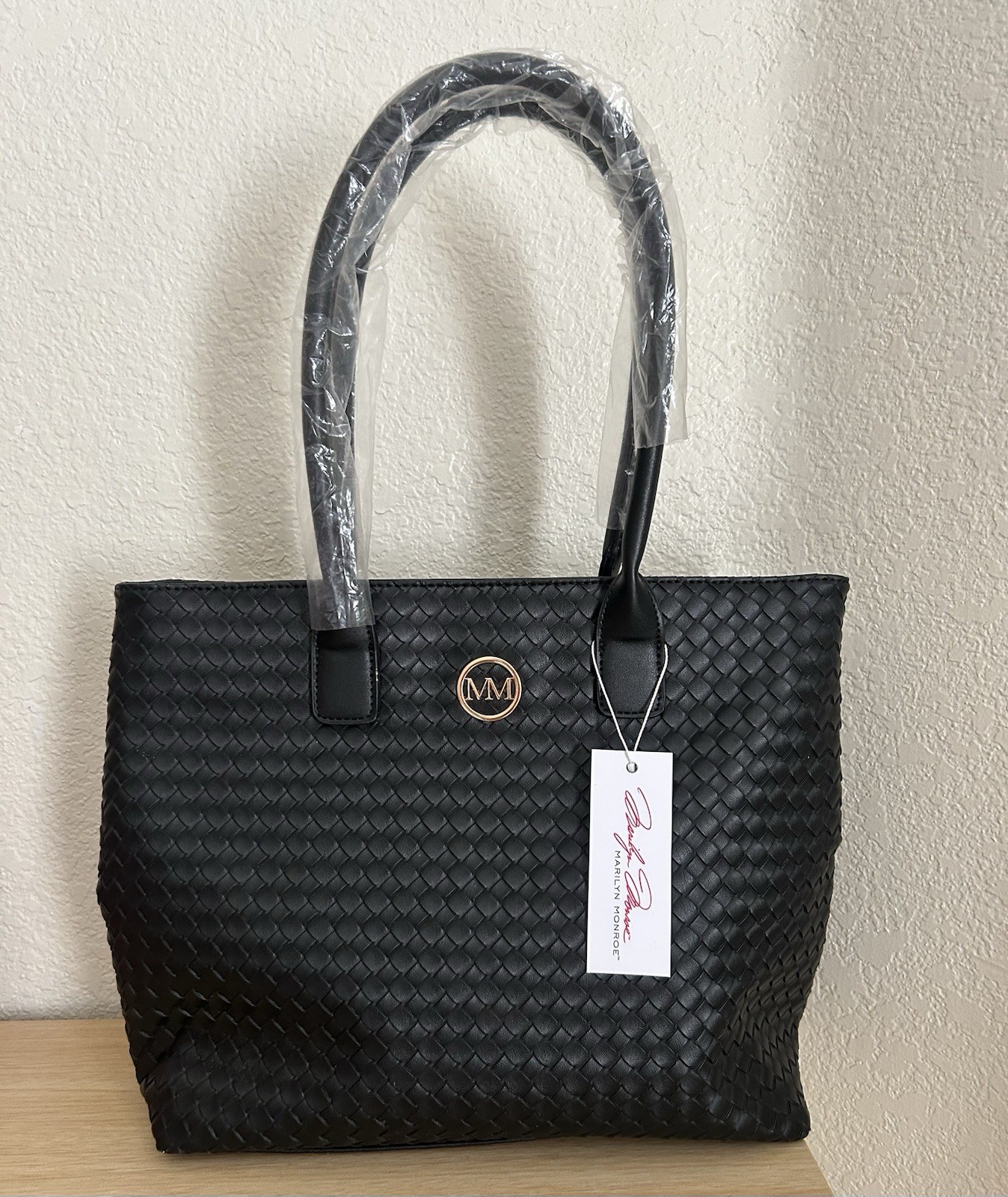 Marilyn Monroe Black Tote Bag Woven Pattern Zip Closure Gold Logo Bag Charm