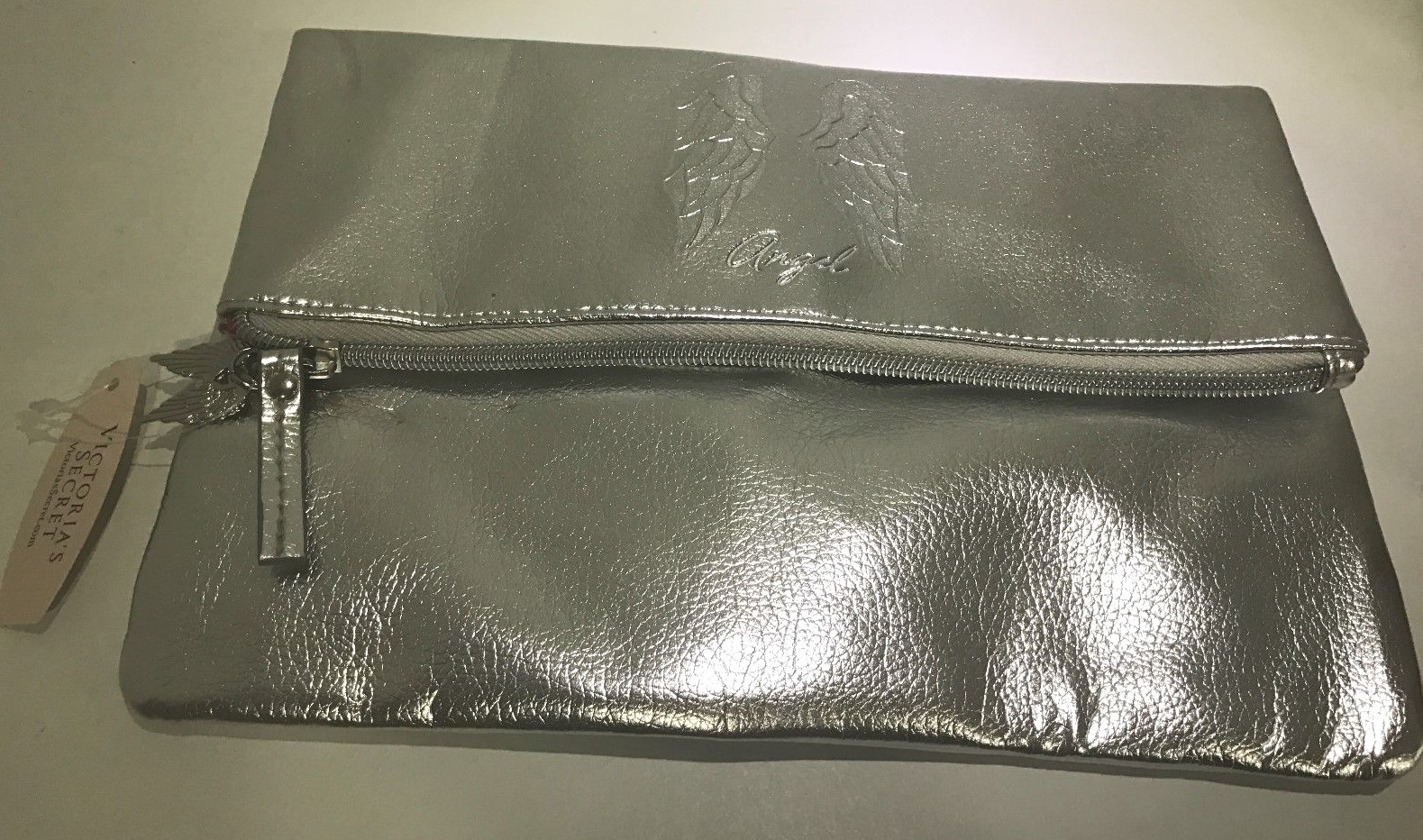VICTORIA’S SECRET Silver Fold-over Clutch Zip Hand Bag Angel Wings Lined Travel