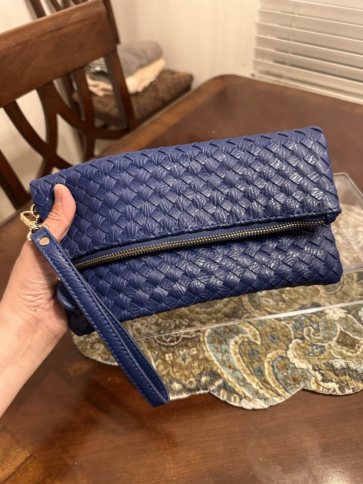 Urban Expressions Aria Clutch Vegan Leather Woven Foldover Flap Textures Blue