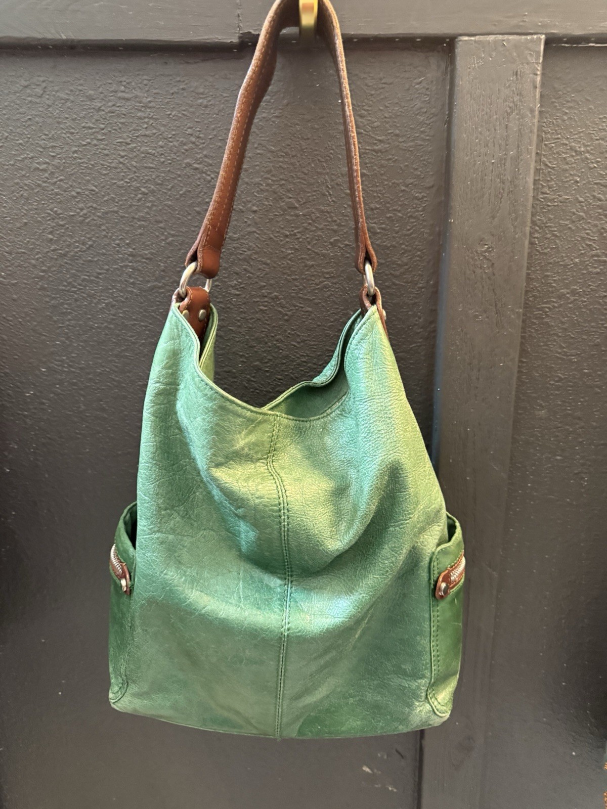 Tano Green Shoulder Bag Brown Strap Silver HW Zip/Magnetic Pockets Lined