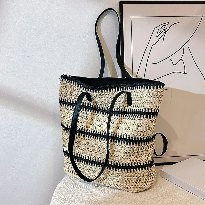 Designer Striped Straw Shoulder Bag Large Capacity Beach Tote Summer Handbag