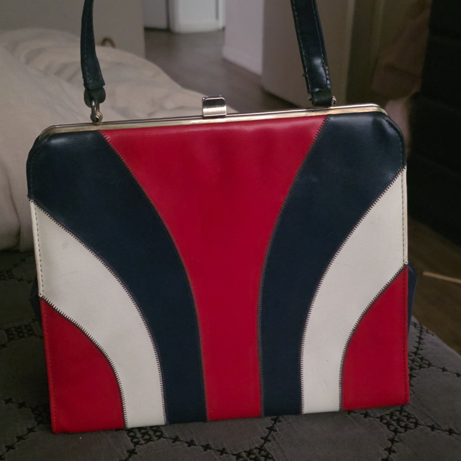 Red Blue White Colorblock Frame Top Handle Handbag Purse, Clasp, Silver HW