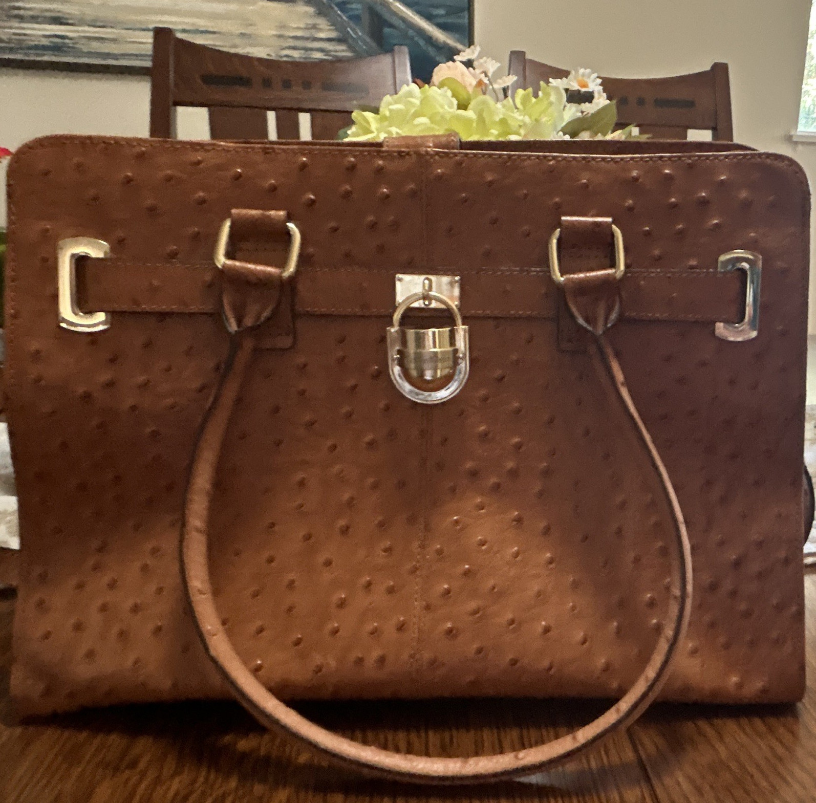 Calvin Klein ostrich embossed leather satchel handbag. 14 x 9.5 x 5.5