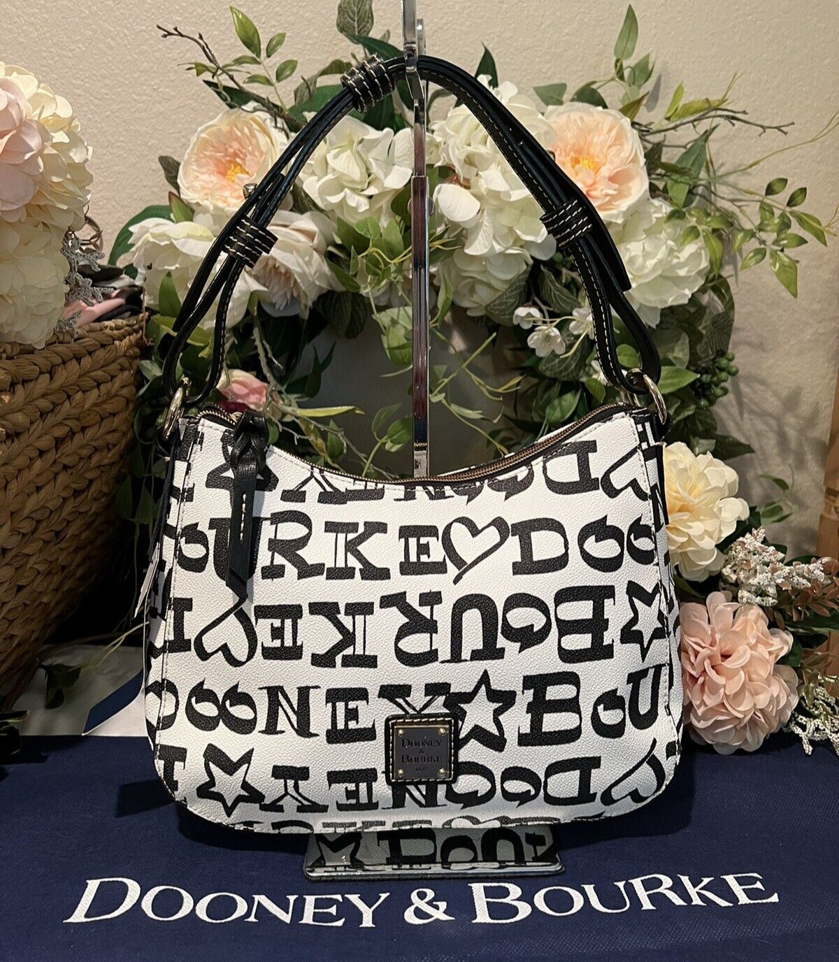 DOONEY & BOURKE Canvas/Leather Small KILEY Hobo/Shoulder Bag~Black/White Doodle