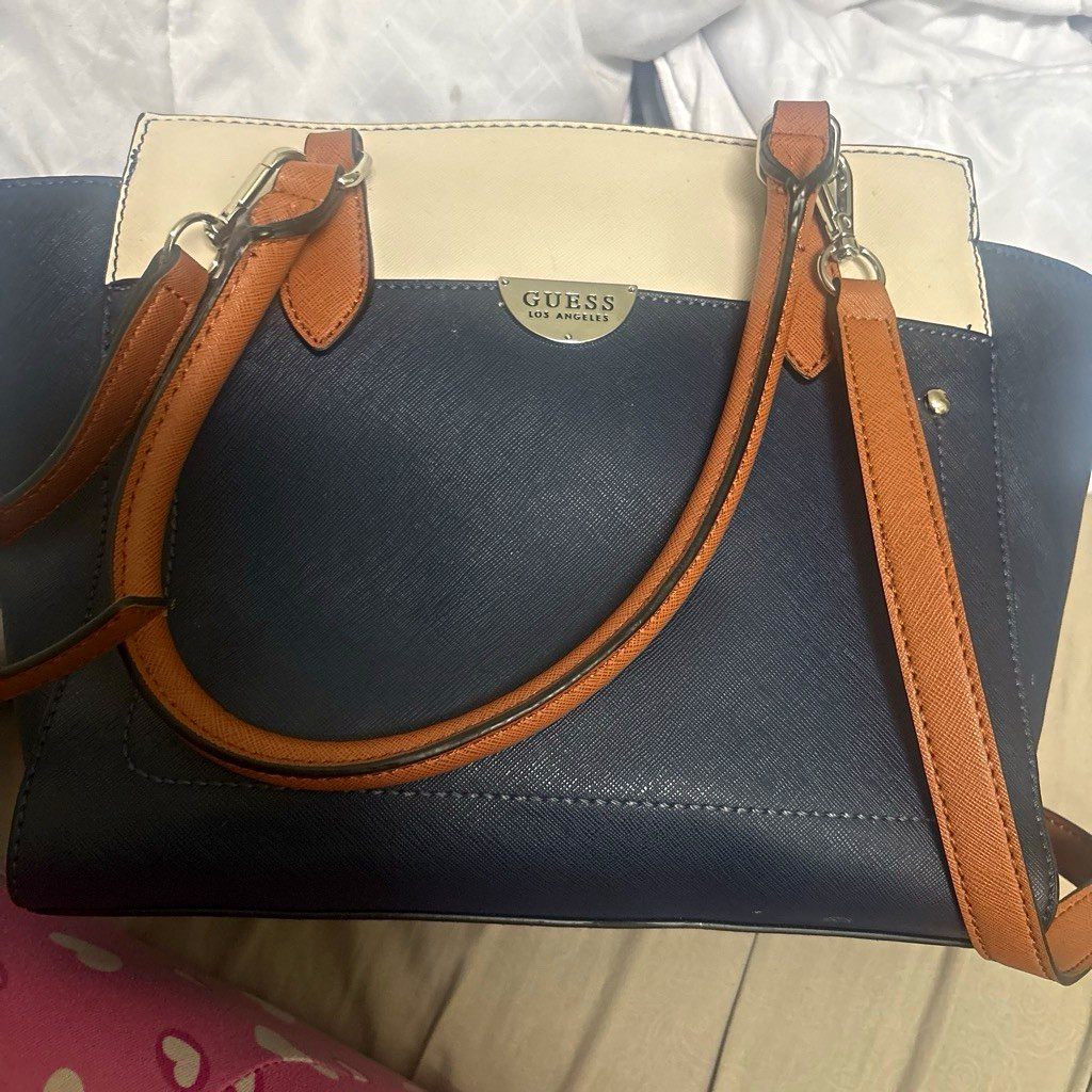 GUESS Navy White Brown Colorblock Satchel Zip w/ Detachable Strap Medium