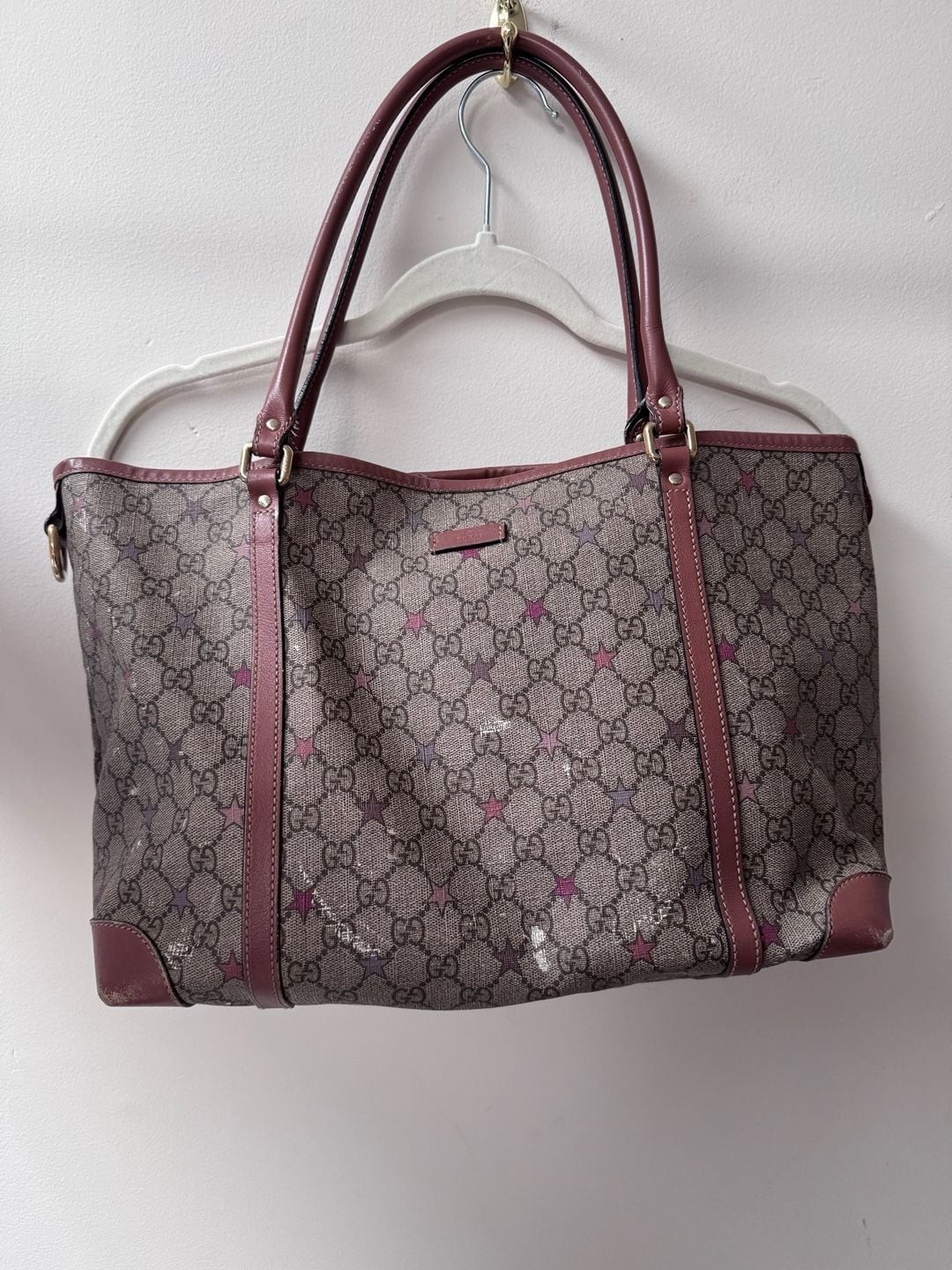 Gucci GG Supreme Joy Star Tote Bag with Pink Leather Trim