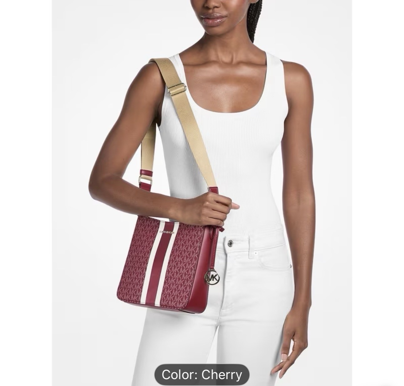 Michael Kors Jet Set Small Signature Logo Stripe Messenger Crossbody Bag Cherry