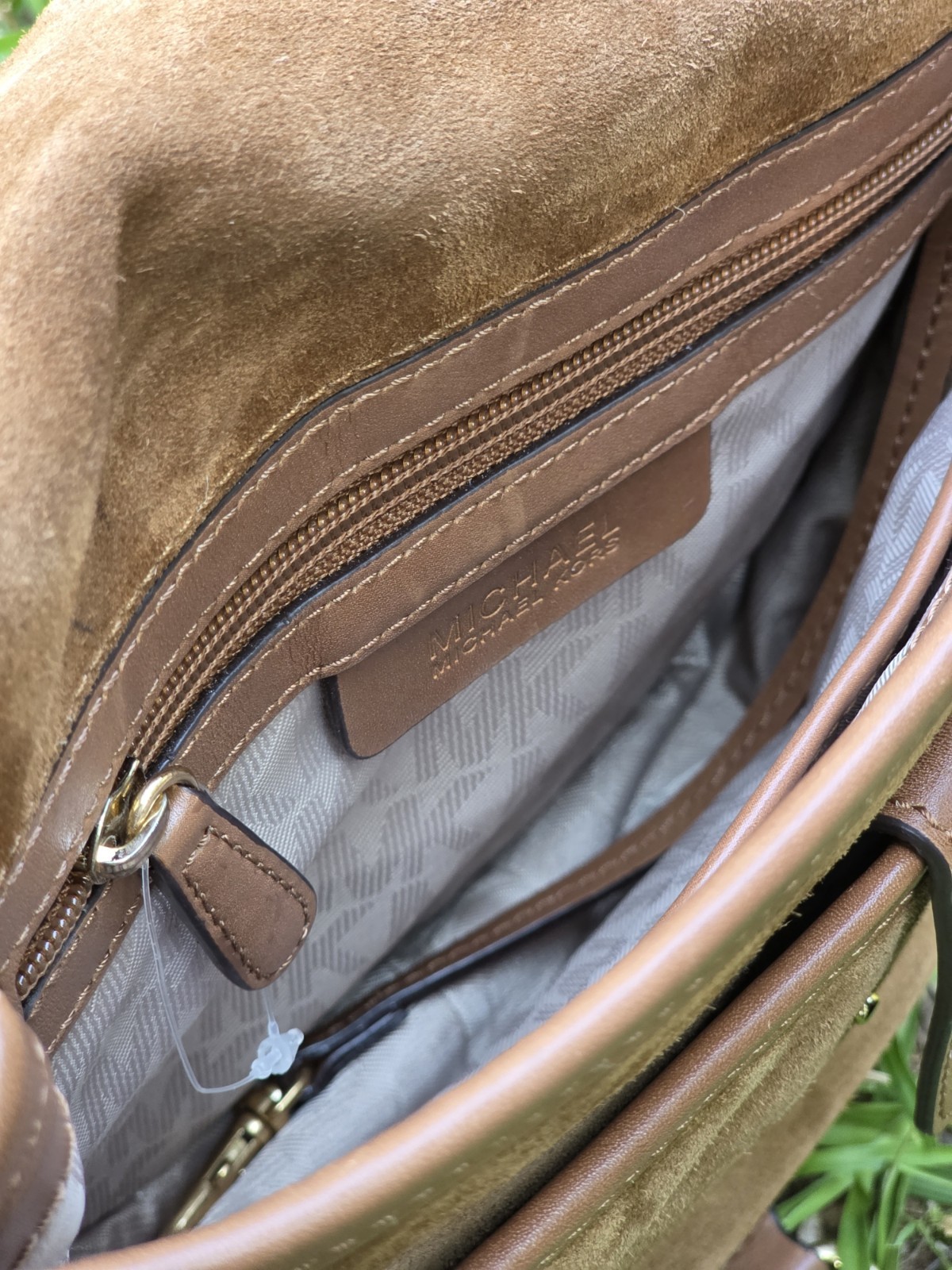 MICHAEL KORS Jamie Medium Saddle Bag Crossbody Brown Suede Gold Hardware