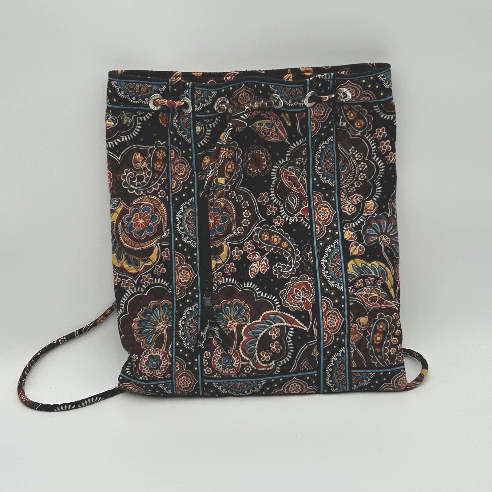 VERA BRADLEY Kensington Quilted Paisley Back Sack Bag Black Floral Purse