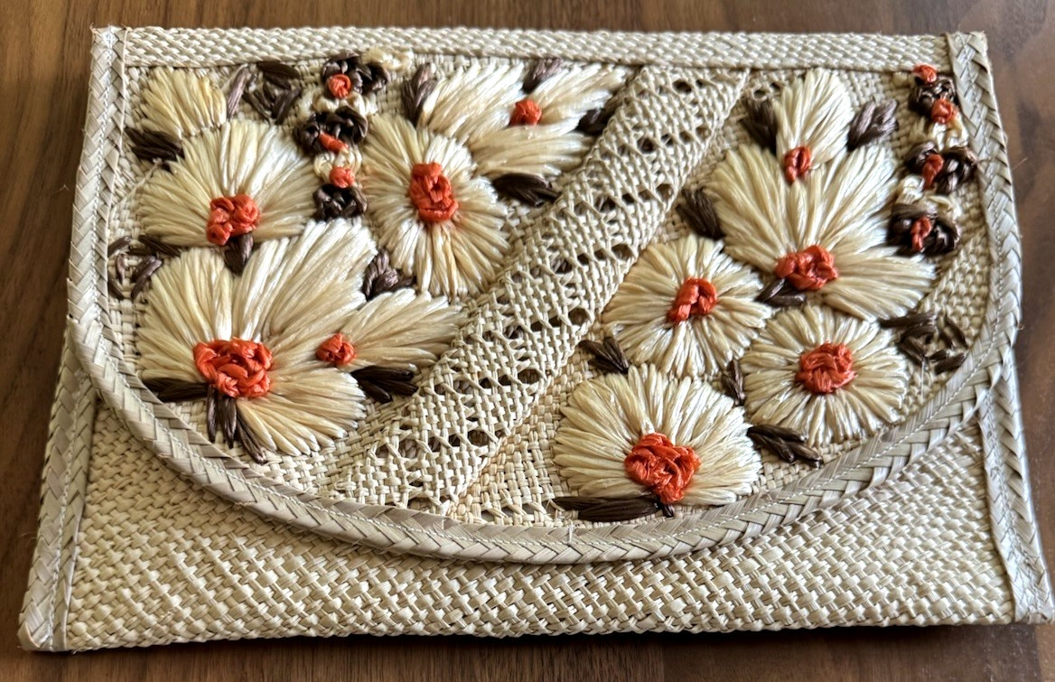 Vintage Raffia Floral Clutch Straw Envelope Purse Boho Summer Handbag