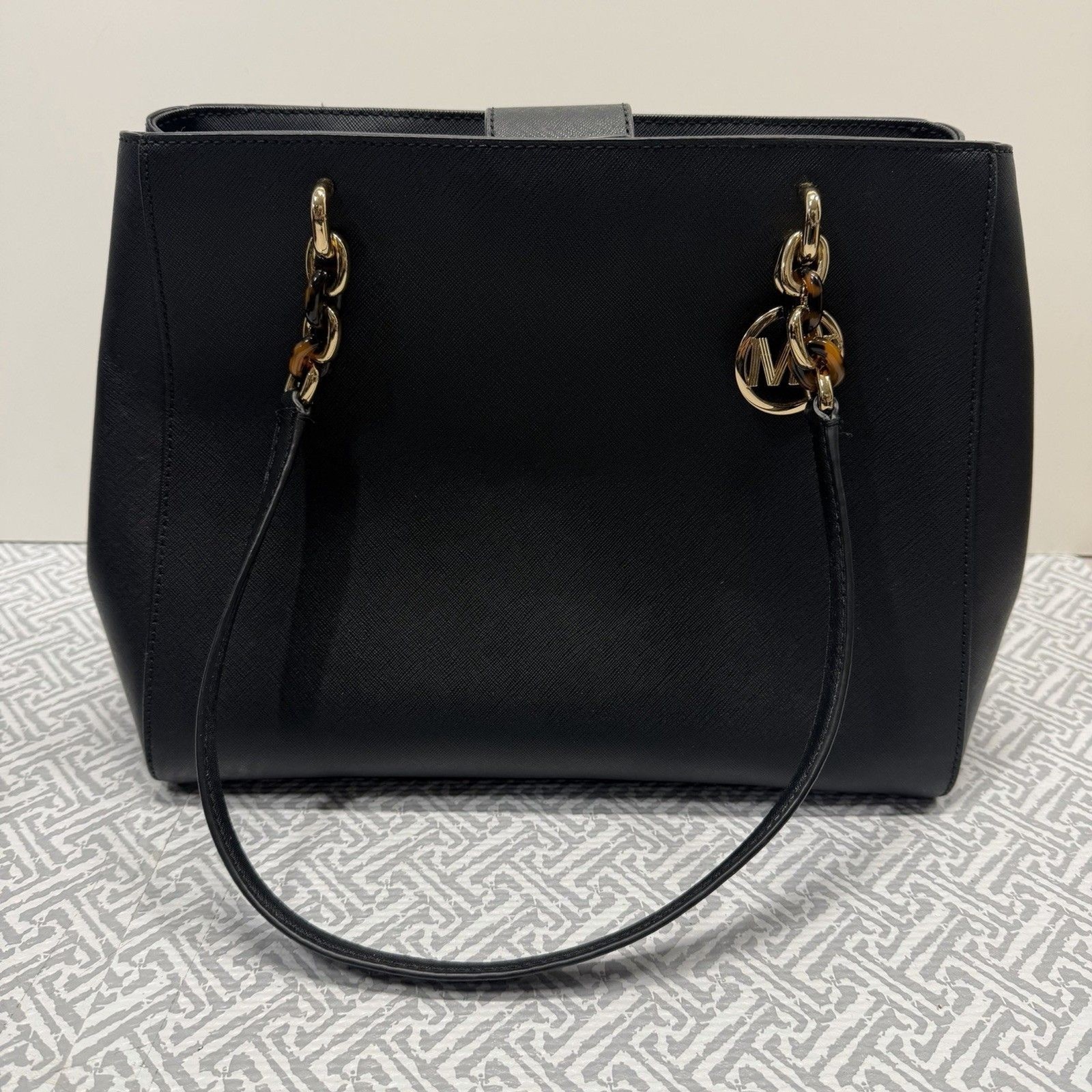 Michael Kors Sofia Large Tote Black Saffiano Leather Gold Chain MK Logo Charm