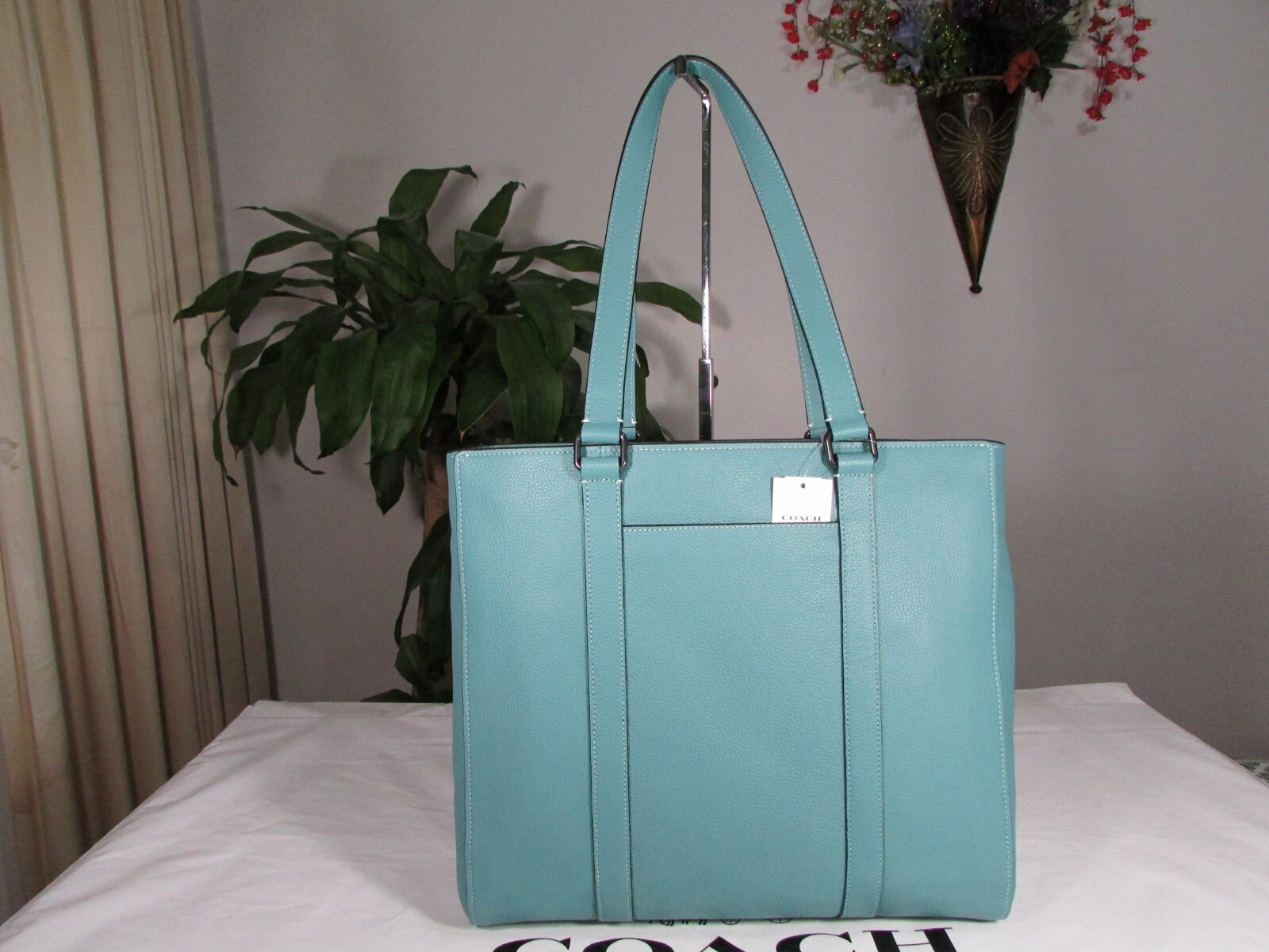 NWT Coach Pebble Leather Hudson Double Handle Tote C8157 Blue Green