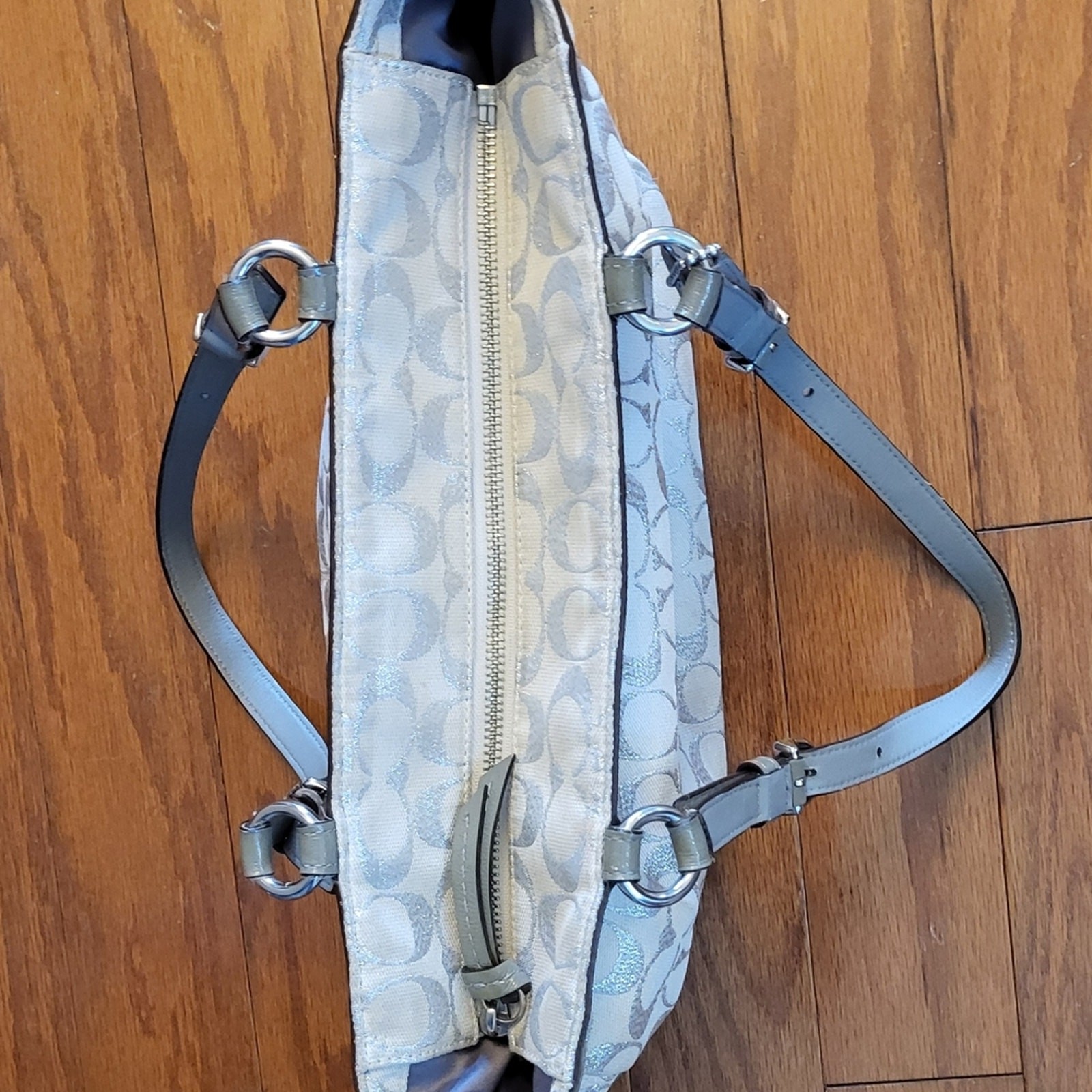 Coach White and Gray with Silver Metallic Signature C Tote Bag Shoulder F17724