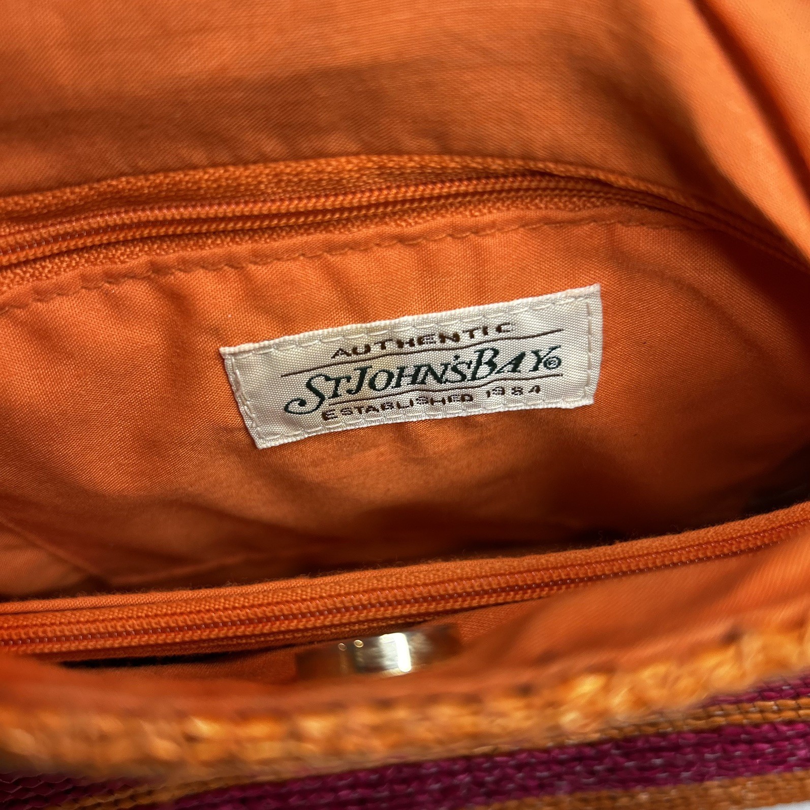 Women’s Authentic St. John’s Bay Orange Pink Brown Handbag With Bamboo Handles
