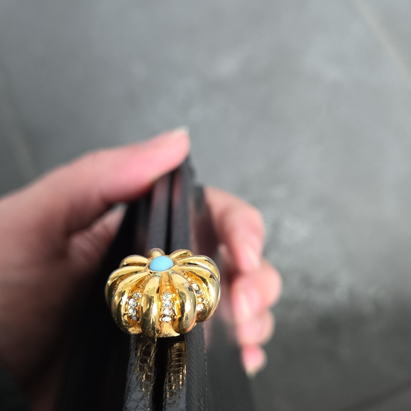 Coblentz Black Lizard Top Handle Bag Jeweled Turquoise Gold Clasp W/Coin Purse