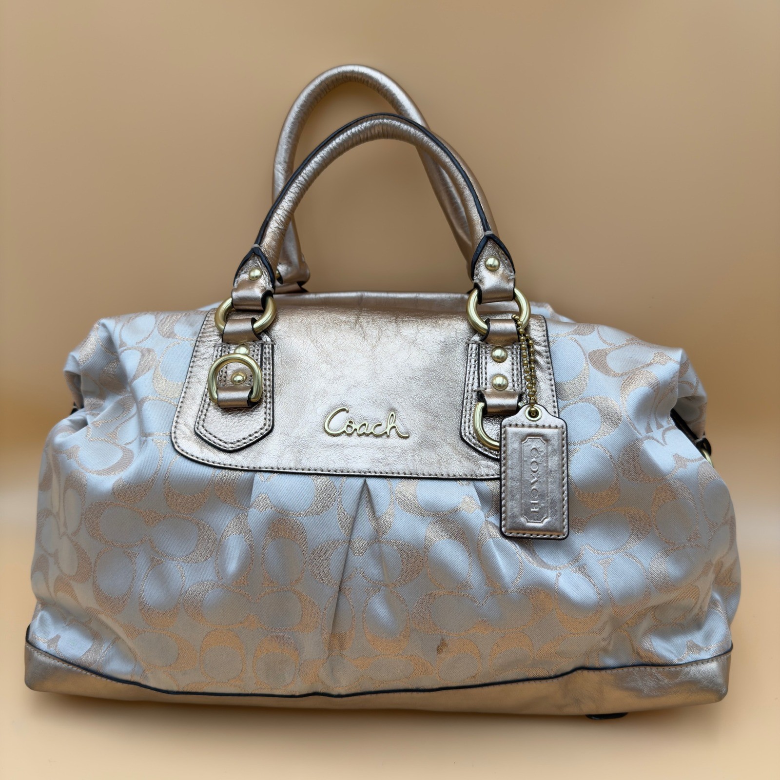 Coach Madison Op Art Satchel Women Medium Champagne Gold Good F15809 Metallic