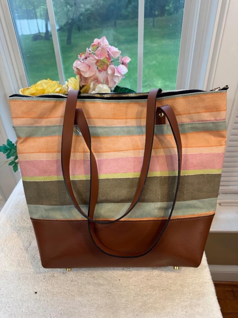 R. RIVETER Otto Sunset Stripe Printed Canvas + Tan Leather tote (800