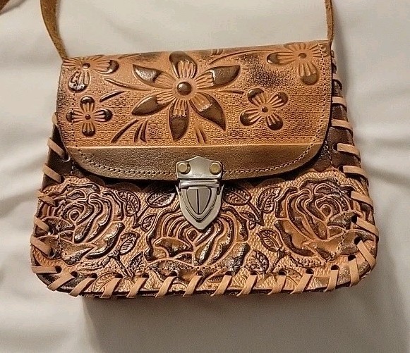 Mexican Leather Handmade Purse with Flower Decor and Aztec Calendar. Hecho En MX