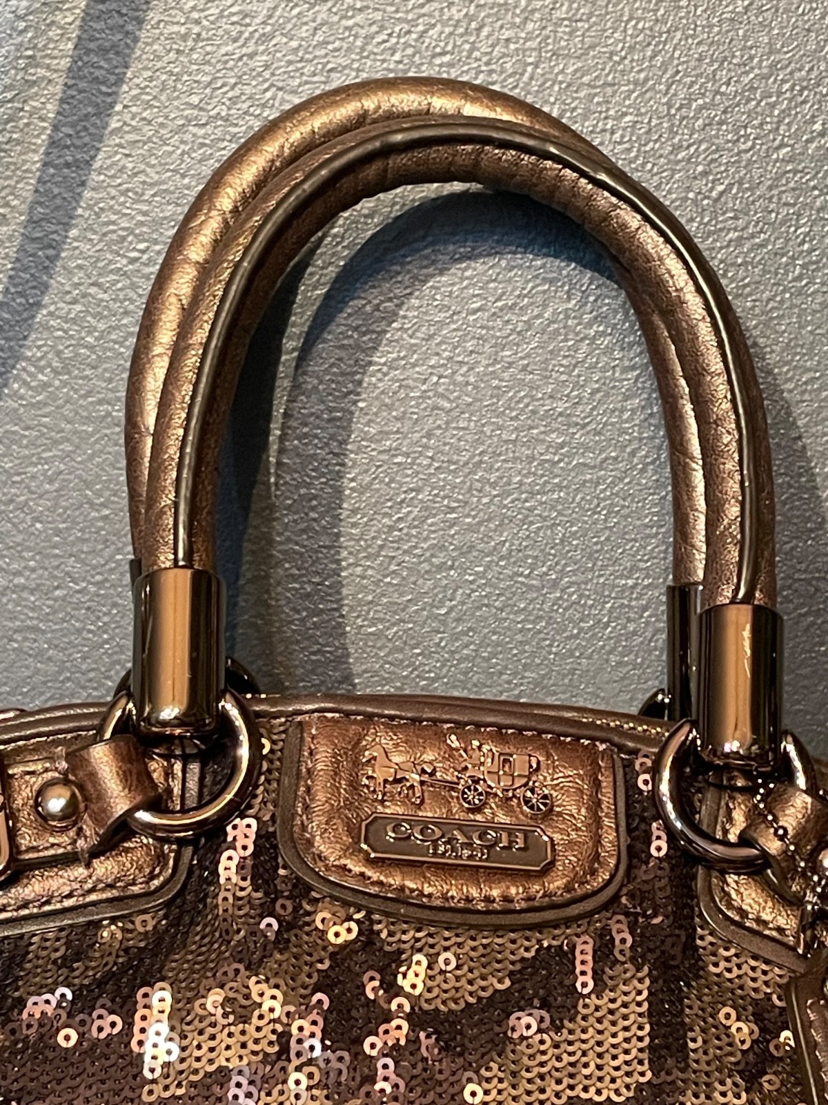 Coach Madison Sophia 18638 Leopard Sequin Satchel Bronze Crossbody Purse Bag