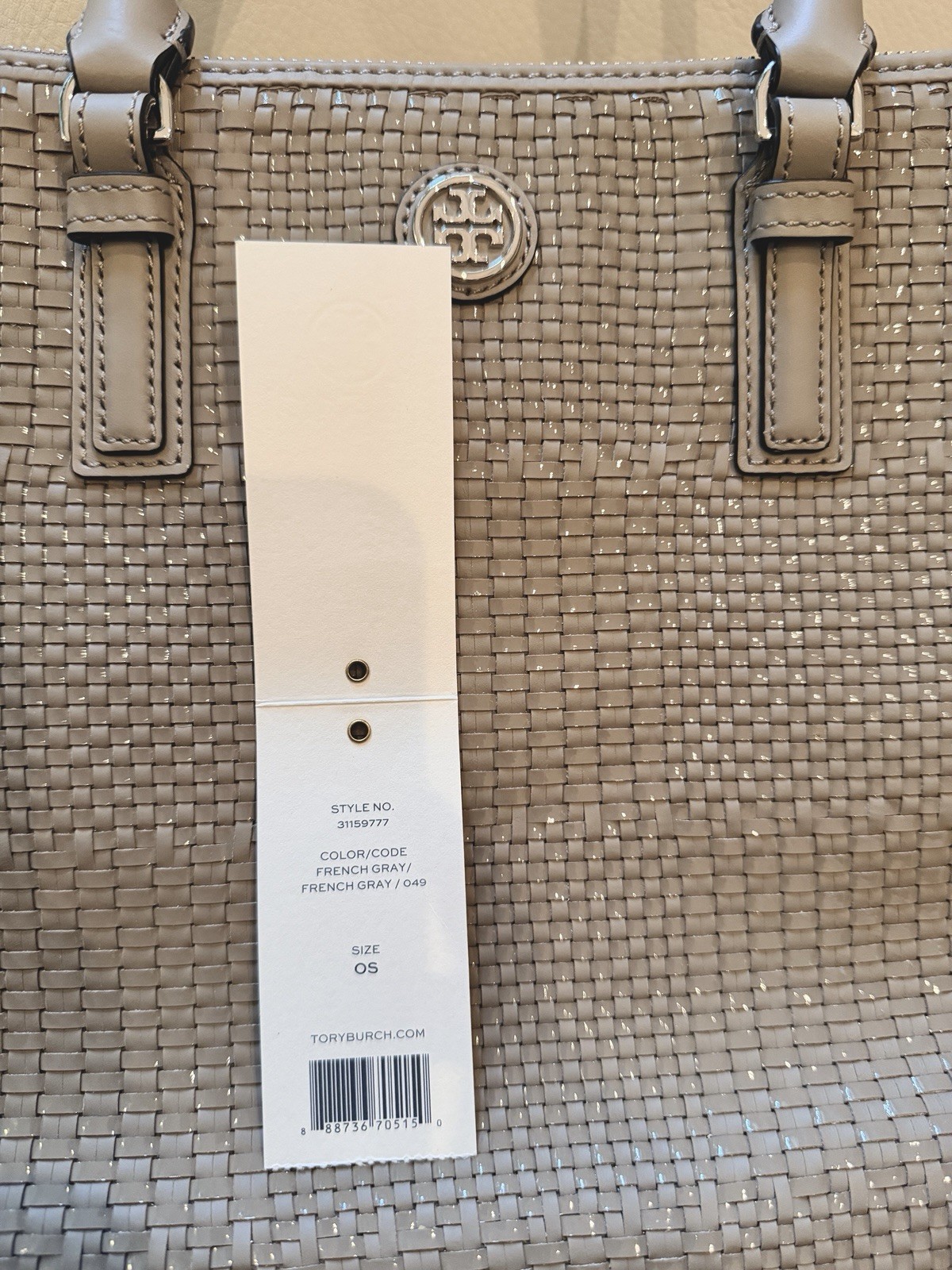 NWT Tory Burch Woven Tote Bag, French Gray, All Original Packaging