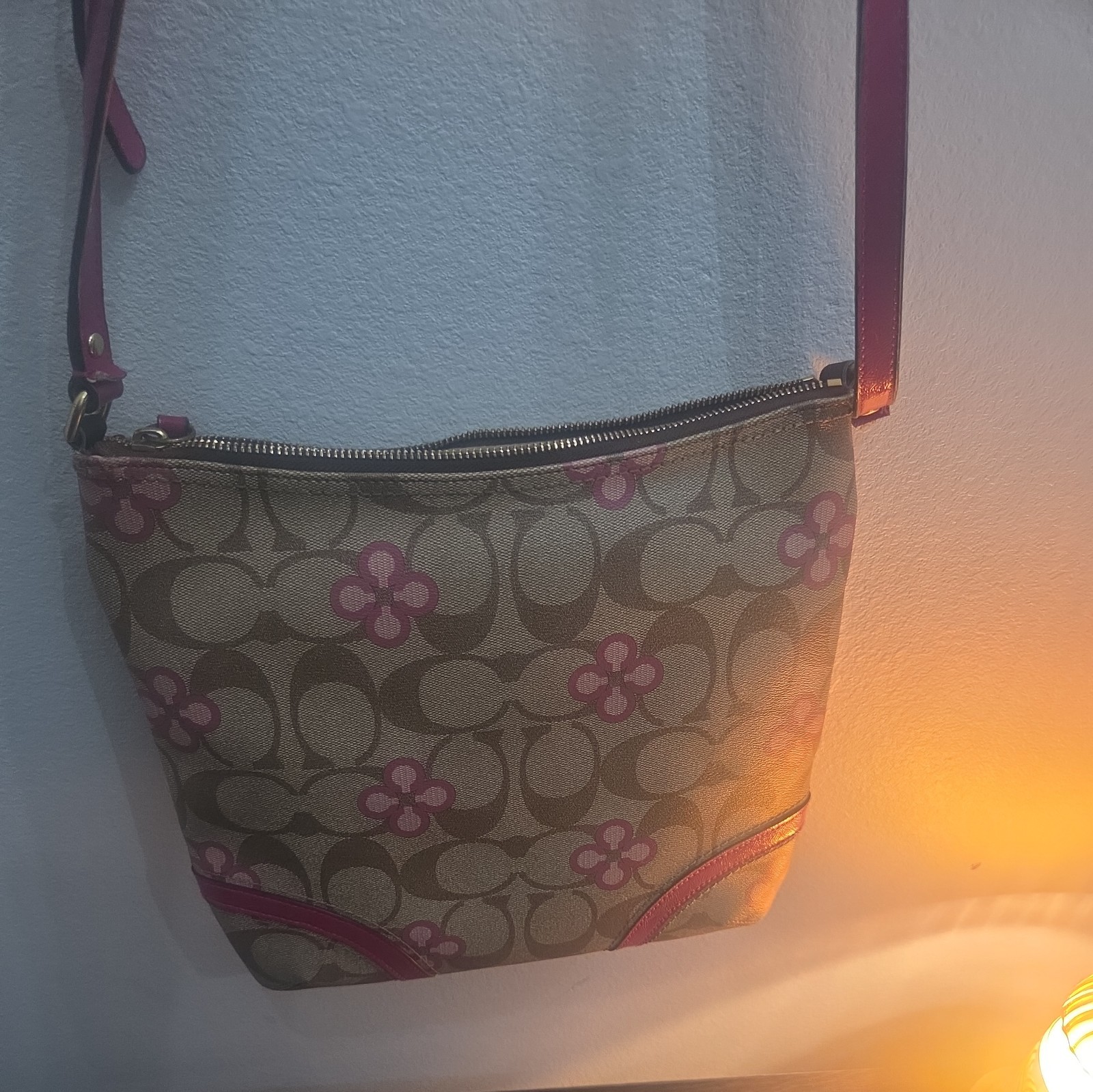 Coach Signature Floral Beige Brown Pink Crossbody Bag Zip Gold Hardware F22021