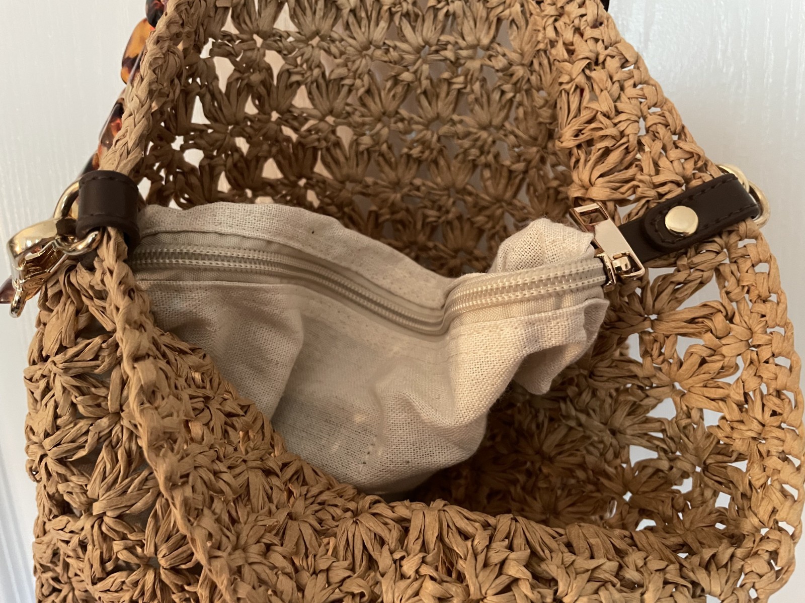 ZARA Macramé Straw Crochet Handbag Tortoise Shell Style Chain & Shell Handles