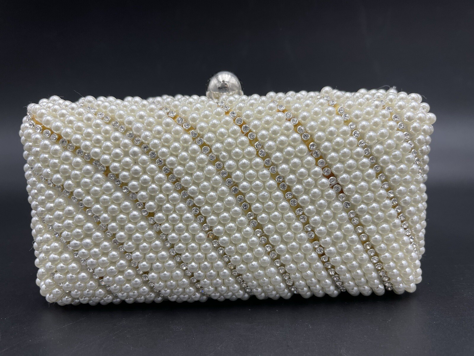 Silver Faux White Pearls/Rhinestones Evening Clutch Party Cocktail Wedding