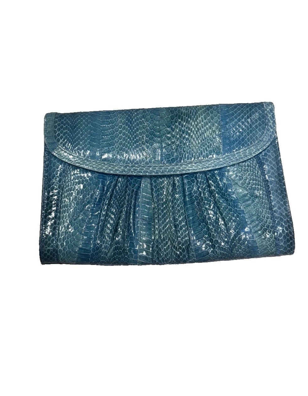 Vintage J. Renee Teal Blue Snakeskin Embossed Pleated Clutch Handbag