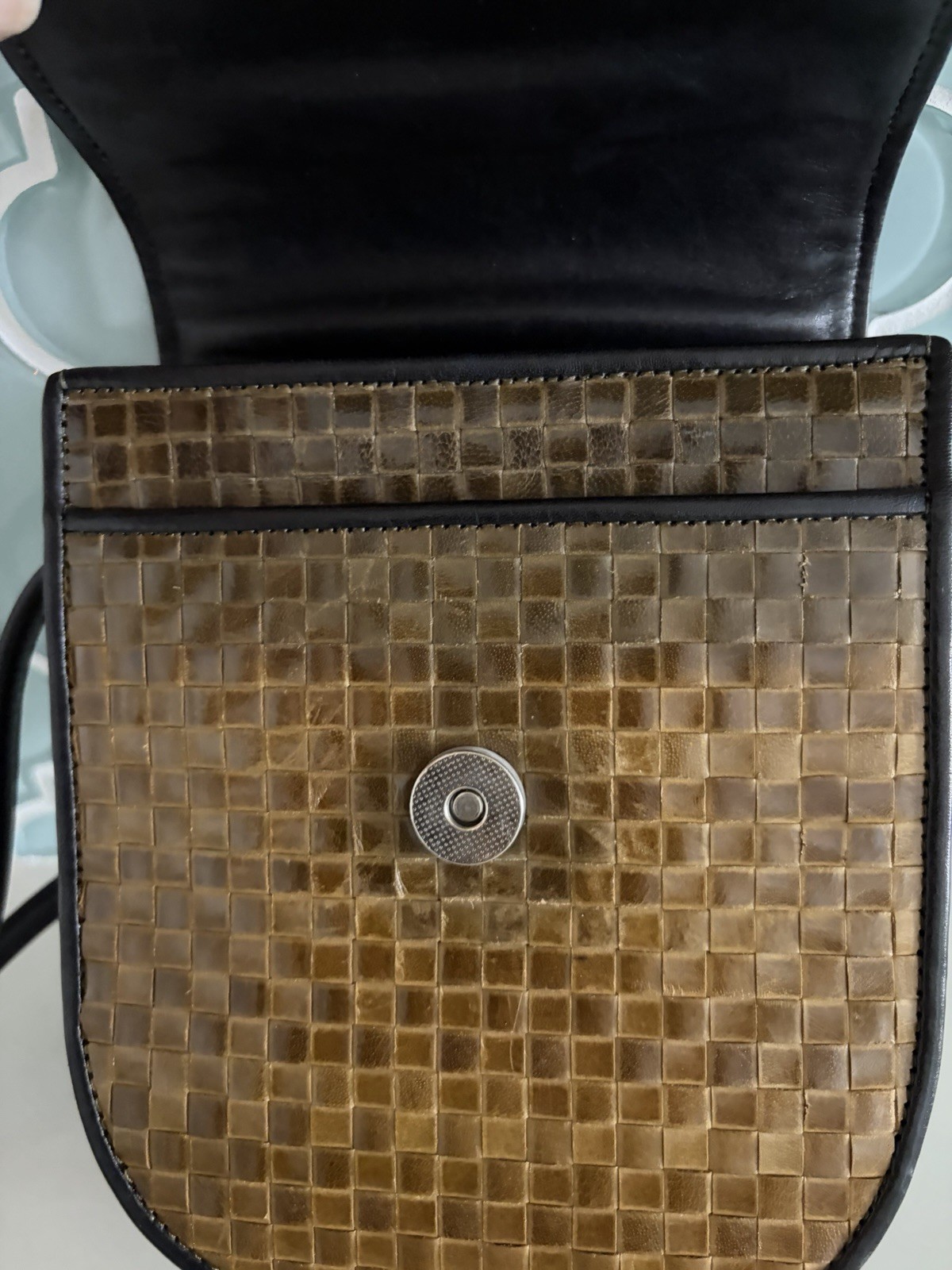Dokkim Cross Body Bag BLK Leather & Brown Woven Leather, Long Strap