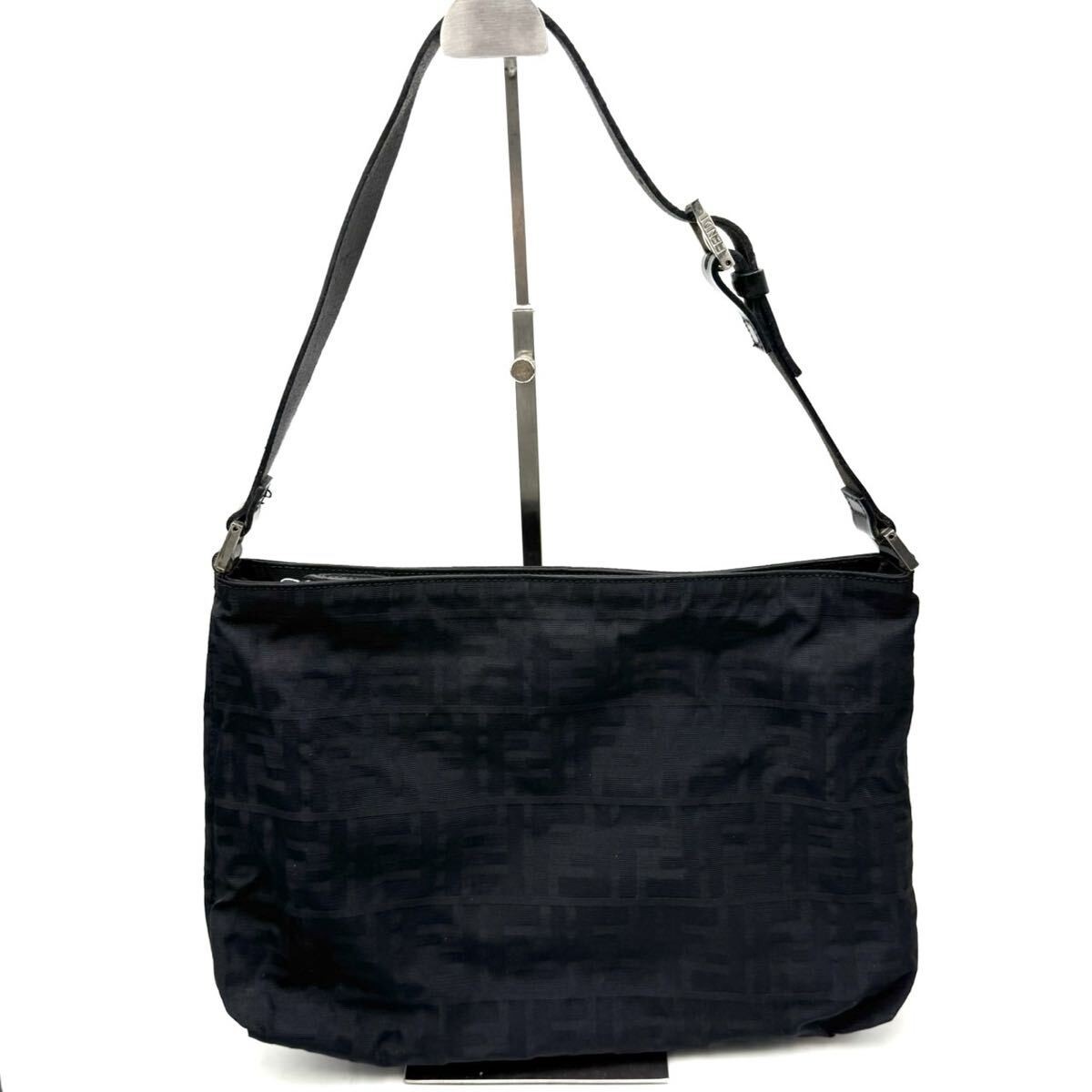 FENDI Zucca Nylon One Shoulder Bag Handbag Black Silver Hardware