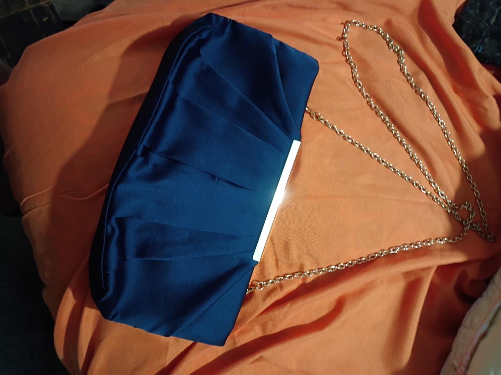 CHARMING TAILOR Classic Pleated Satin Clutch Bag Diamante Embellished Navy
