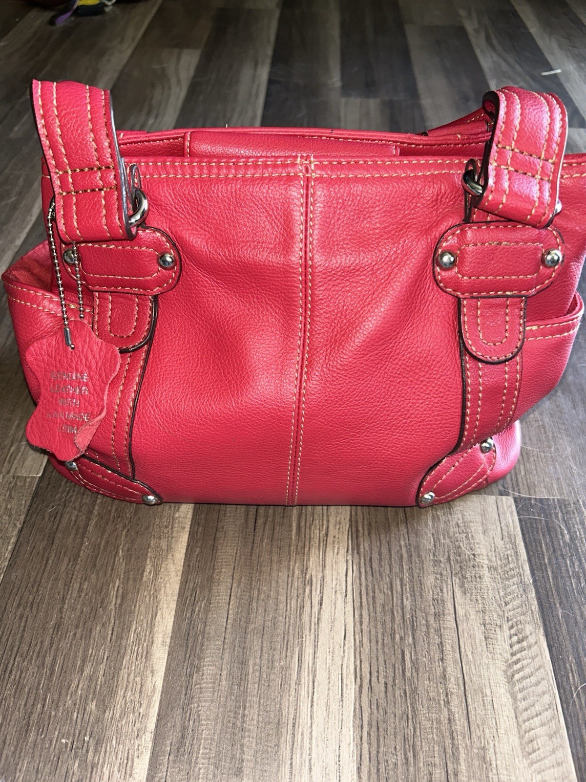 Red Pebbled Shoulder Bag Medium Zip Top Inner Pockets Double Handles Charm