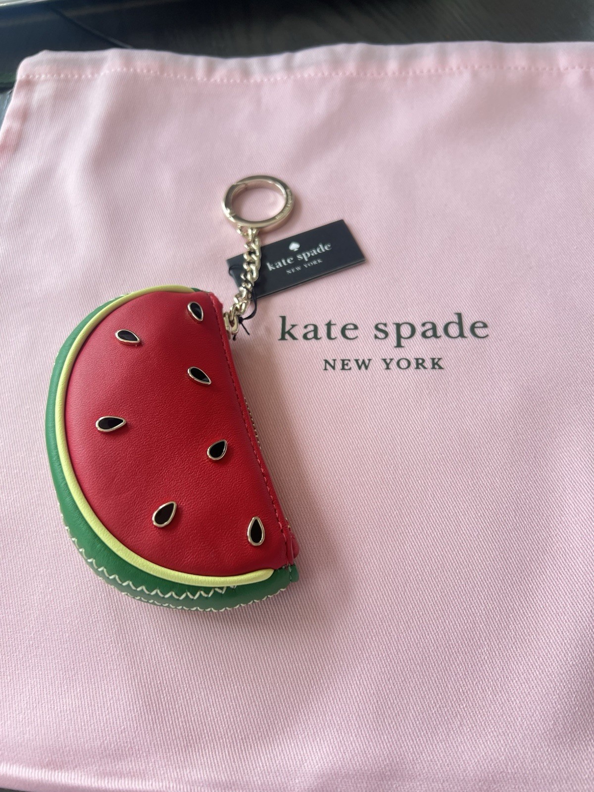 Kate Spade Watermelon Coin Purse Keychain FOB Bag Charm Leather Red