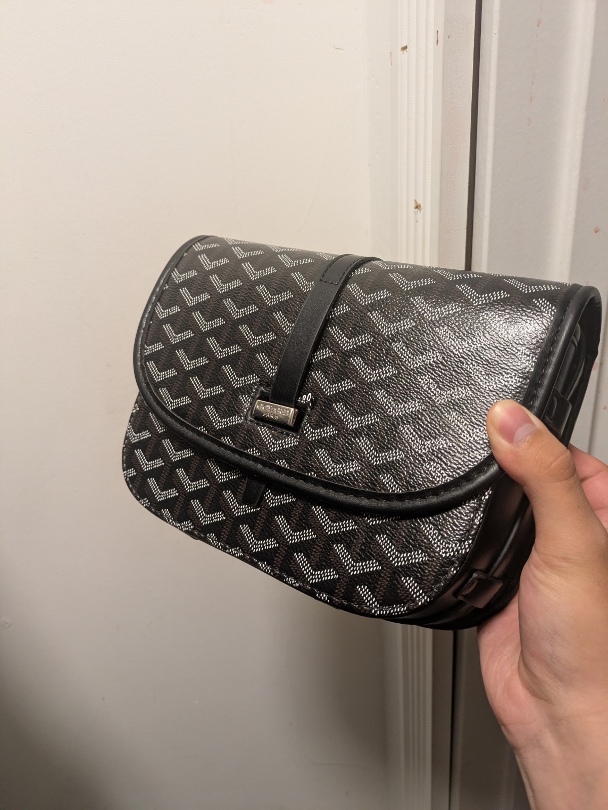 Goyard Goyardine Crossbody Flap Pouch Black/White Silver Hardware w/ Box
