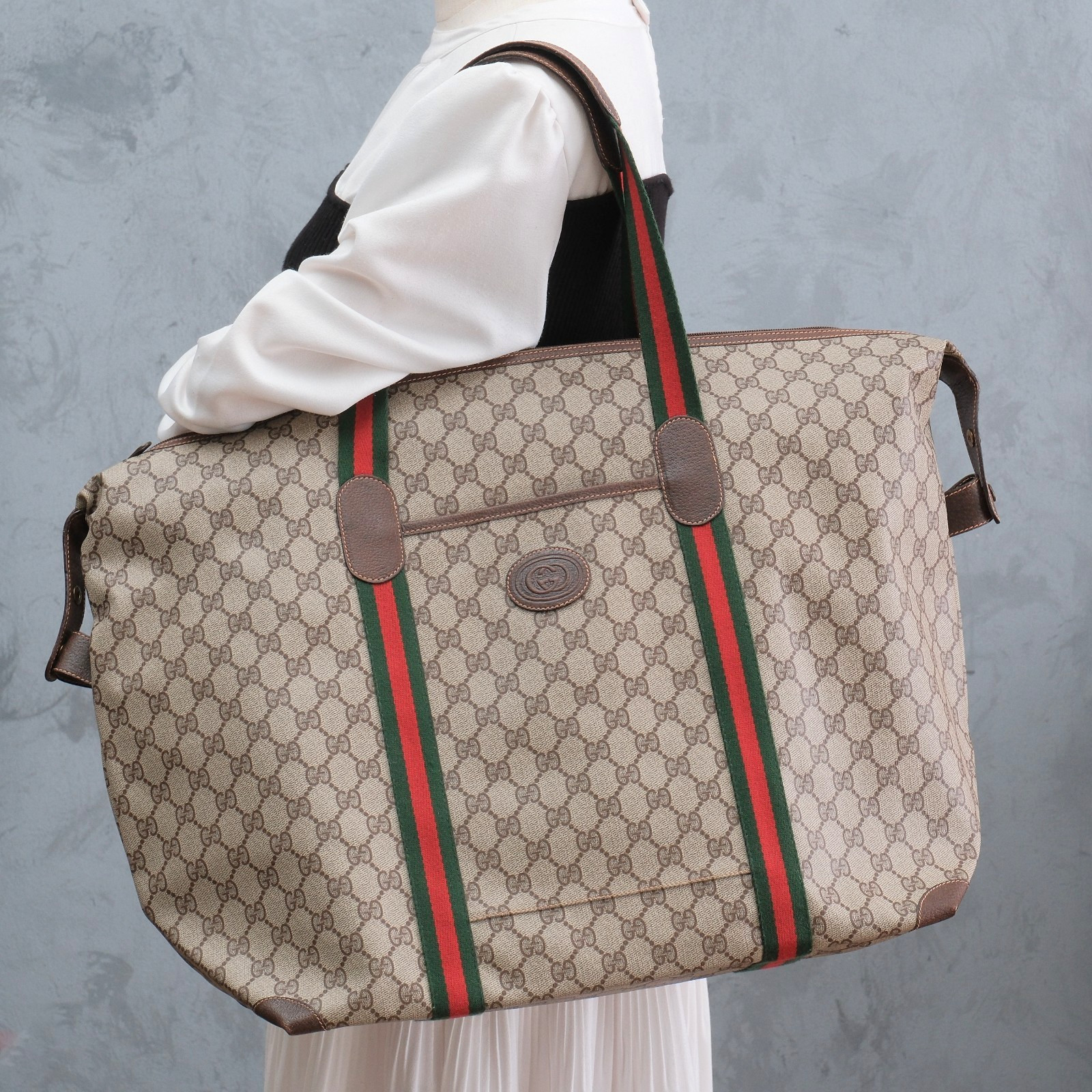 Vintage Gucci Travel Boston Tote Shoulder Bag GG Web Sherry Line 156.19