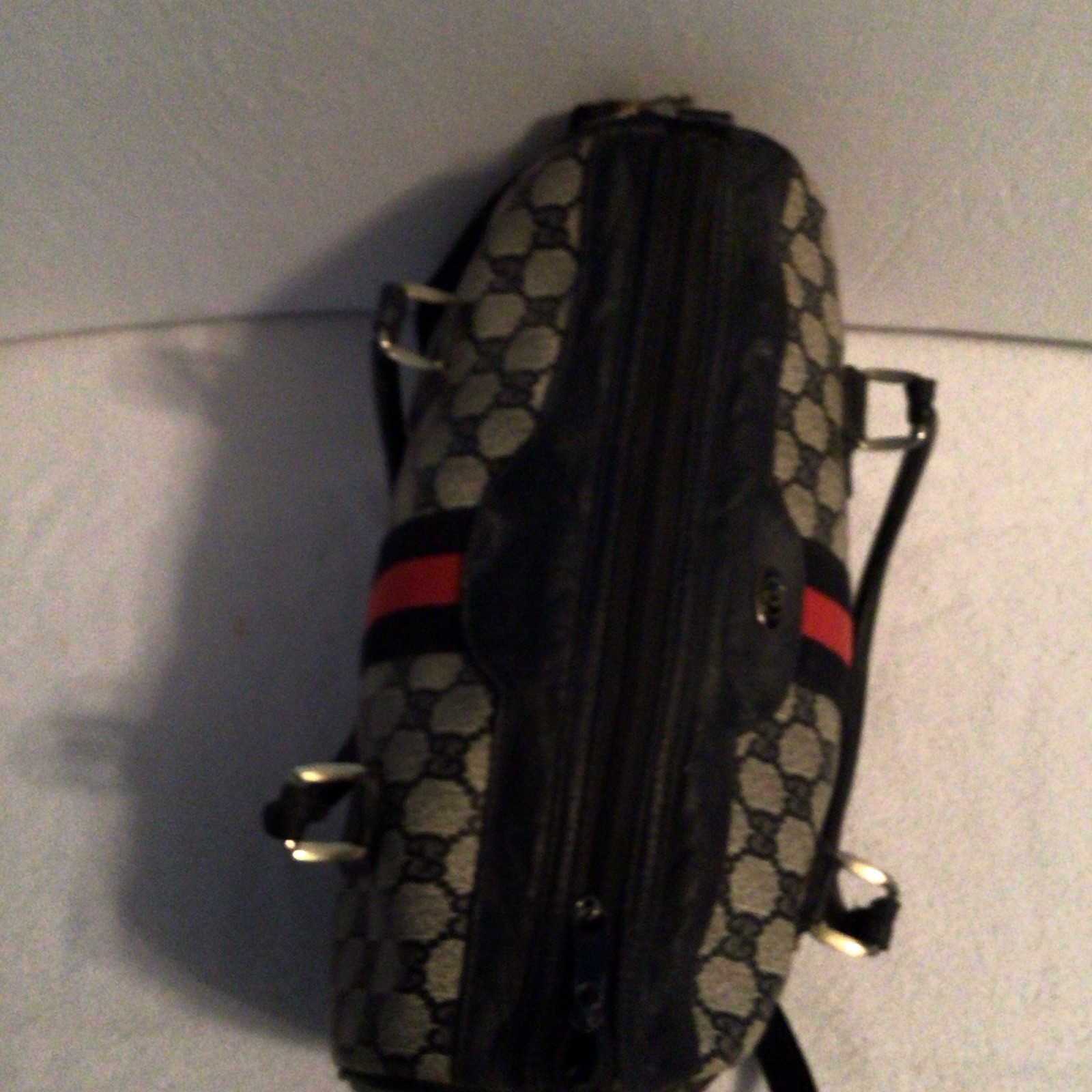 Gucci GG Web Stripe Satchel Top Handle Bag Beige/Black/Red Zip Strap