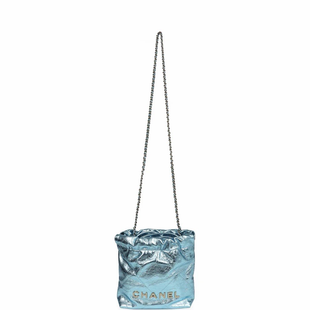 CHANEL Metallic Calfskin Quilted Mini Chanel 22 Blue