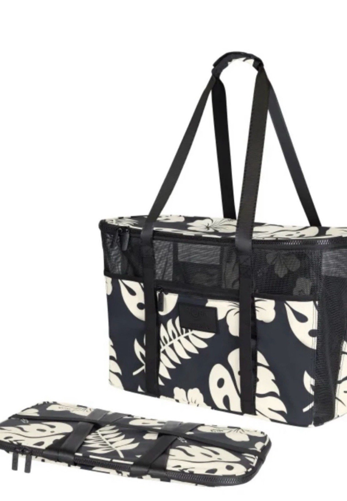 Aloha Collection CleverMade Foldable Mesh Beach Tote Black White Floral Zip