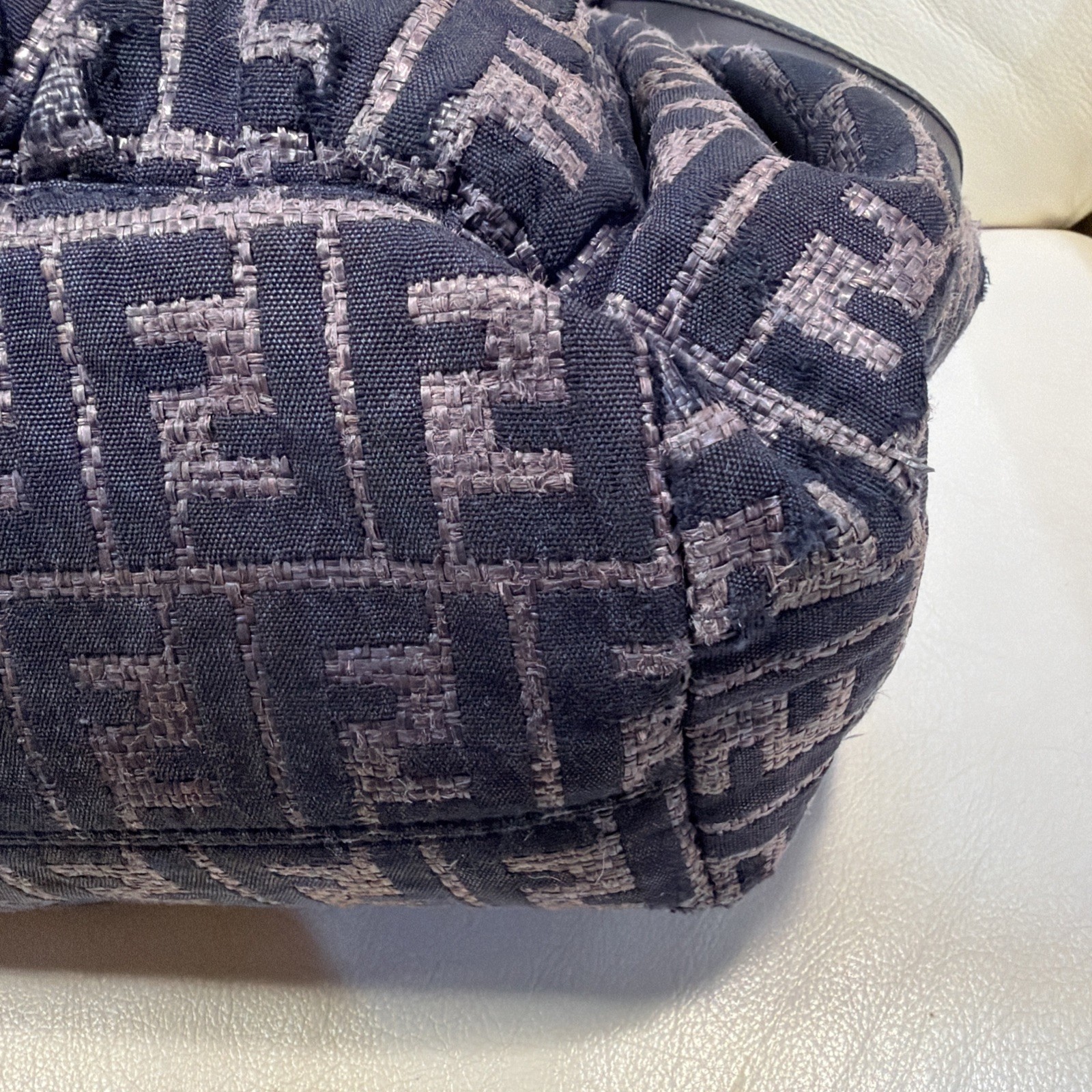 FENDI Zucca Navy Beach Tote Raffia And Leather Bag