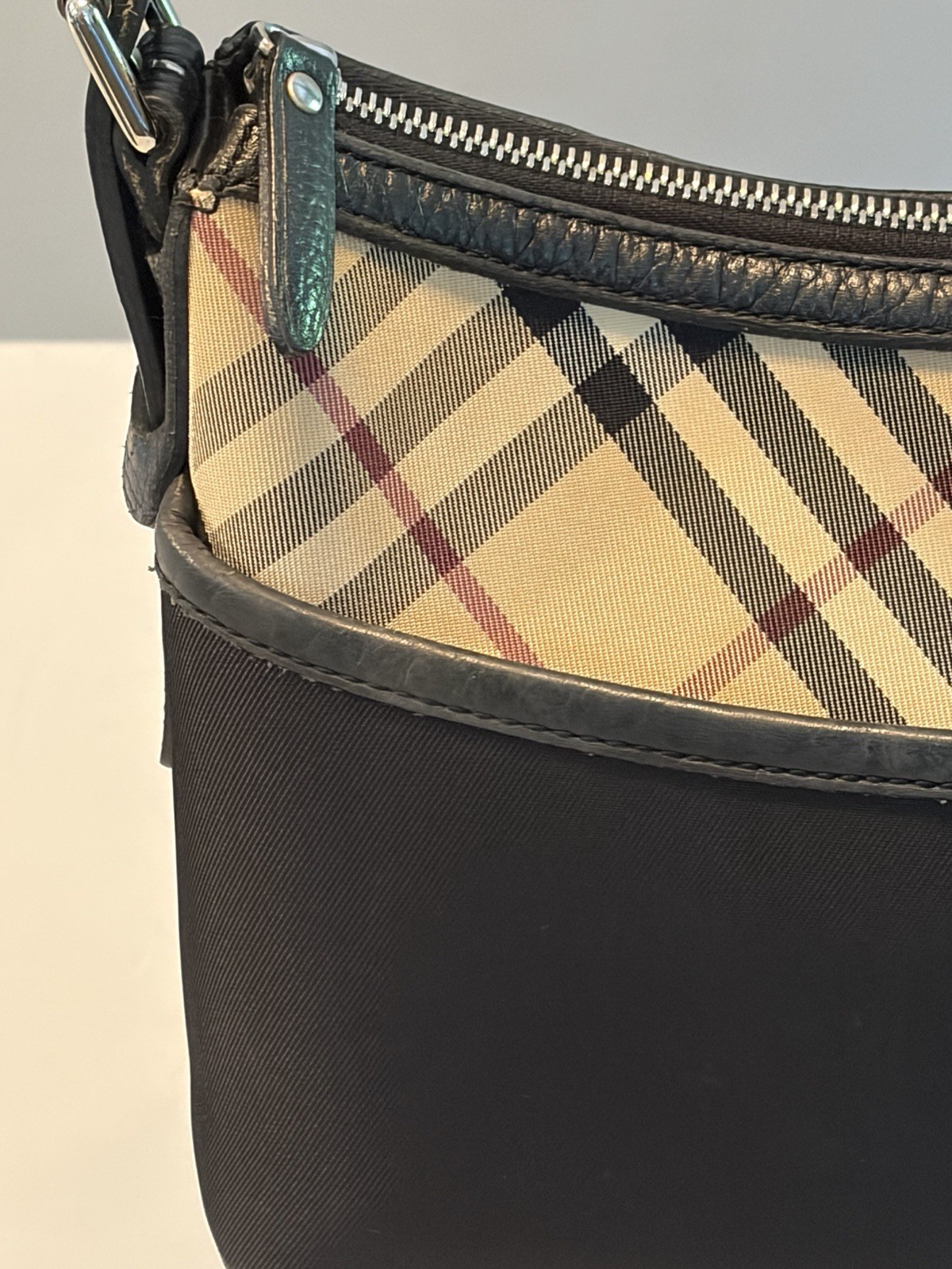 Burberry Nova Check Shoulder Bag – Canvas with Black Leather Trim – Pre-Owned
