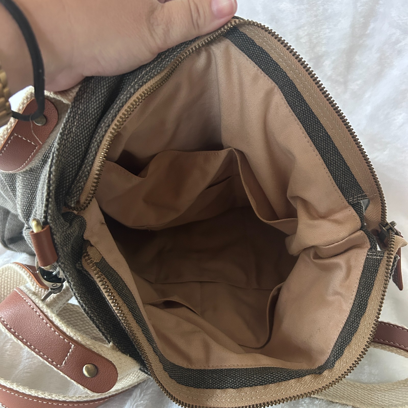 Gray Canvas Boho Bag Crossbody Handbag Zip Closure Gray Beige