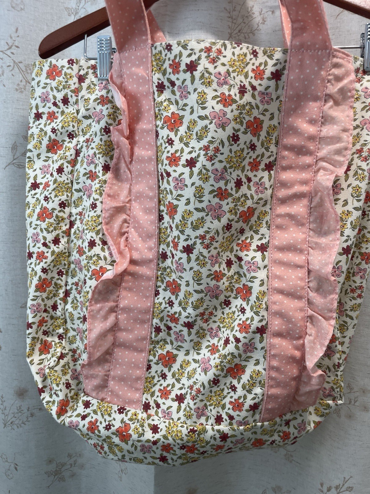 Laura Ashley Pink Polka Dots Floral Boho 100% Cotton Canvas Tote Bag Cottagecore