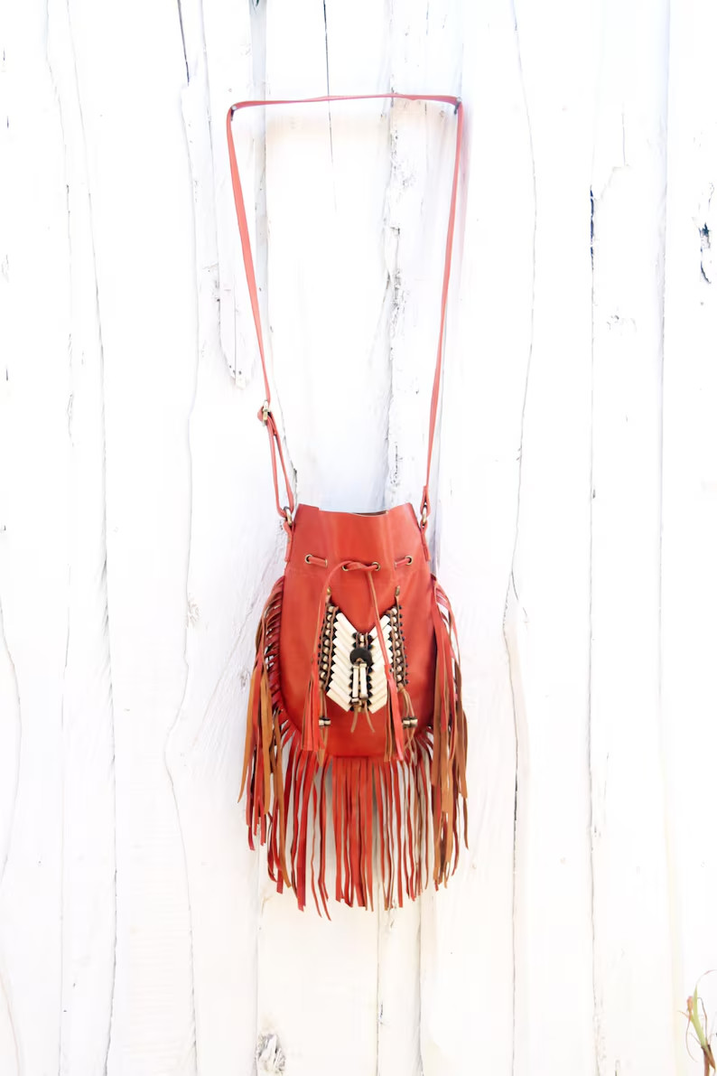 Boho Red Leather Bucket Bag, Handmade Fringe Crossbody Purse, Western Festival