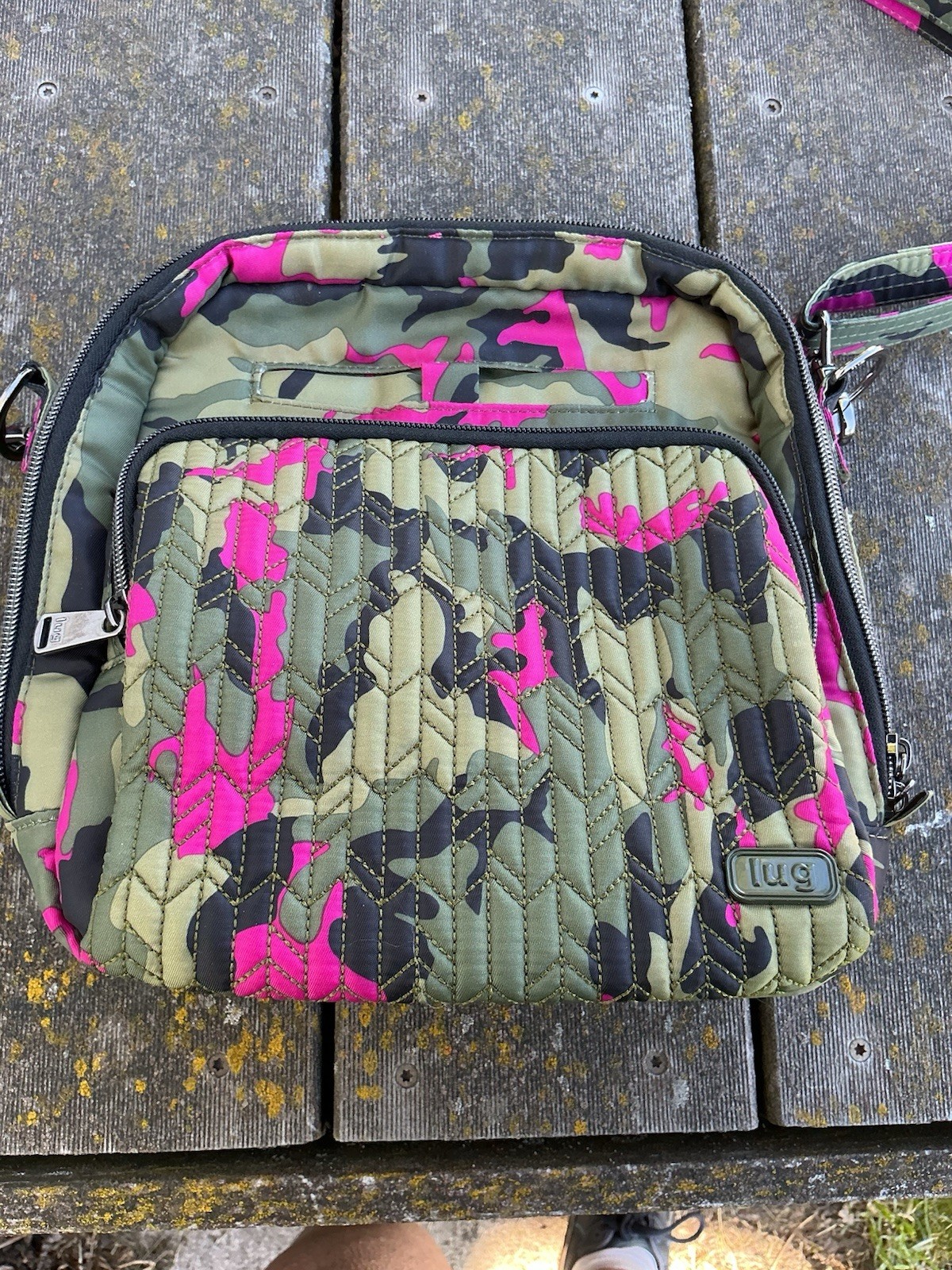 LUG Ranger Crossbody Shoulder Bag in Green Pink Camo Quilted